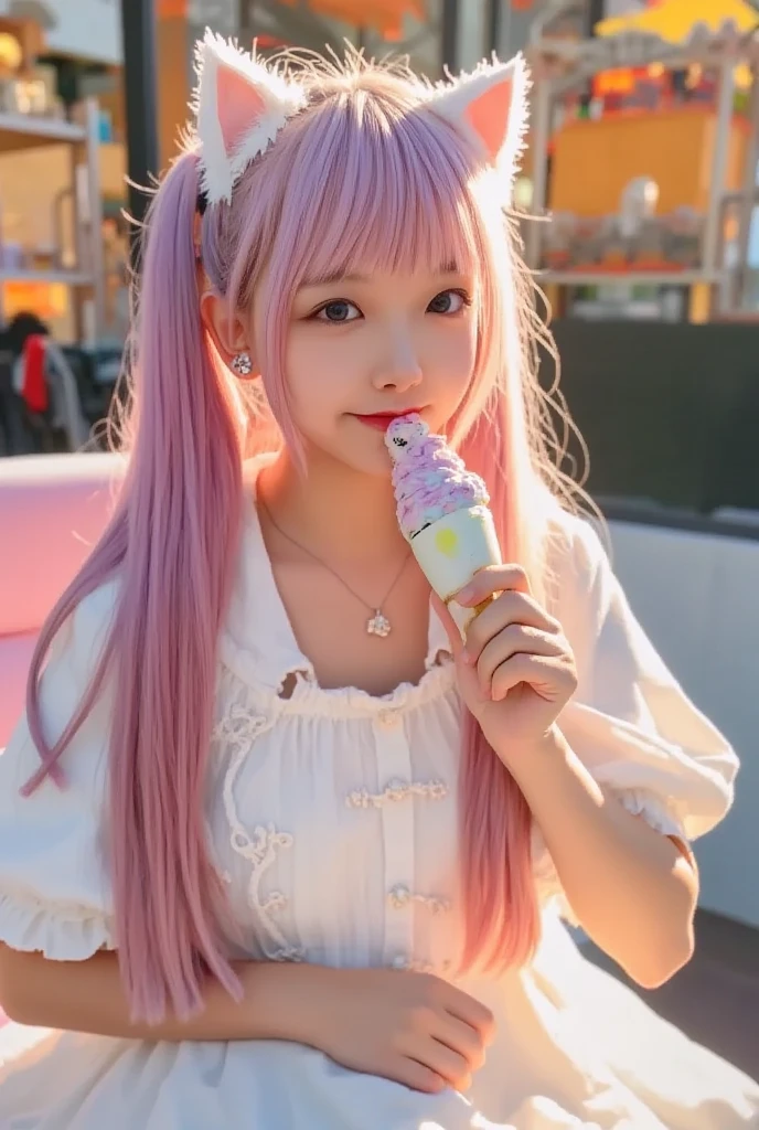 A cute girl who is an anthropomorphic pink Angora rabbit 11 years old Drinking tapioca