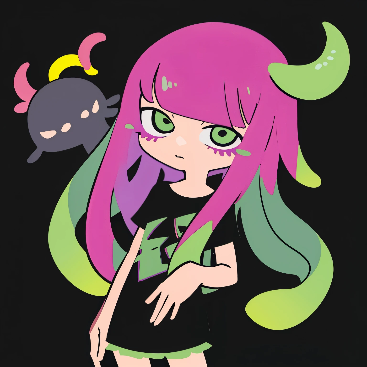 ( super detailed , super A high resolution, simple background),((2D)),((flat-colors)),(( colorful)), one girl ,solo, watching viewers ,Benjamin,Squid personification 、Squid hair 、Implicit 、Westernized 、 black t-shirt 、 green skirt