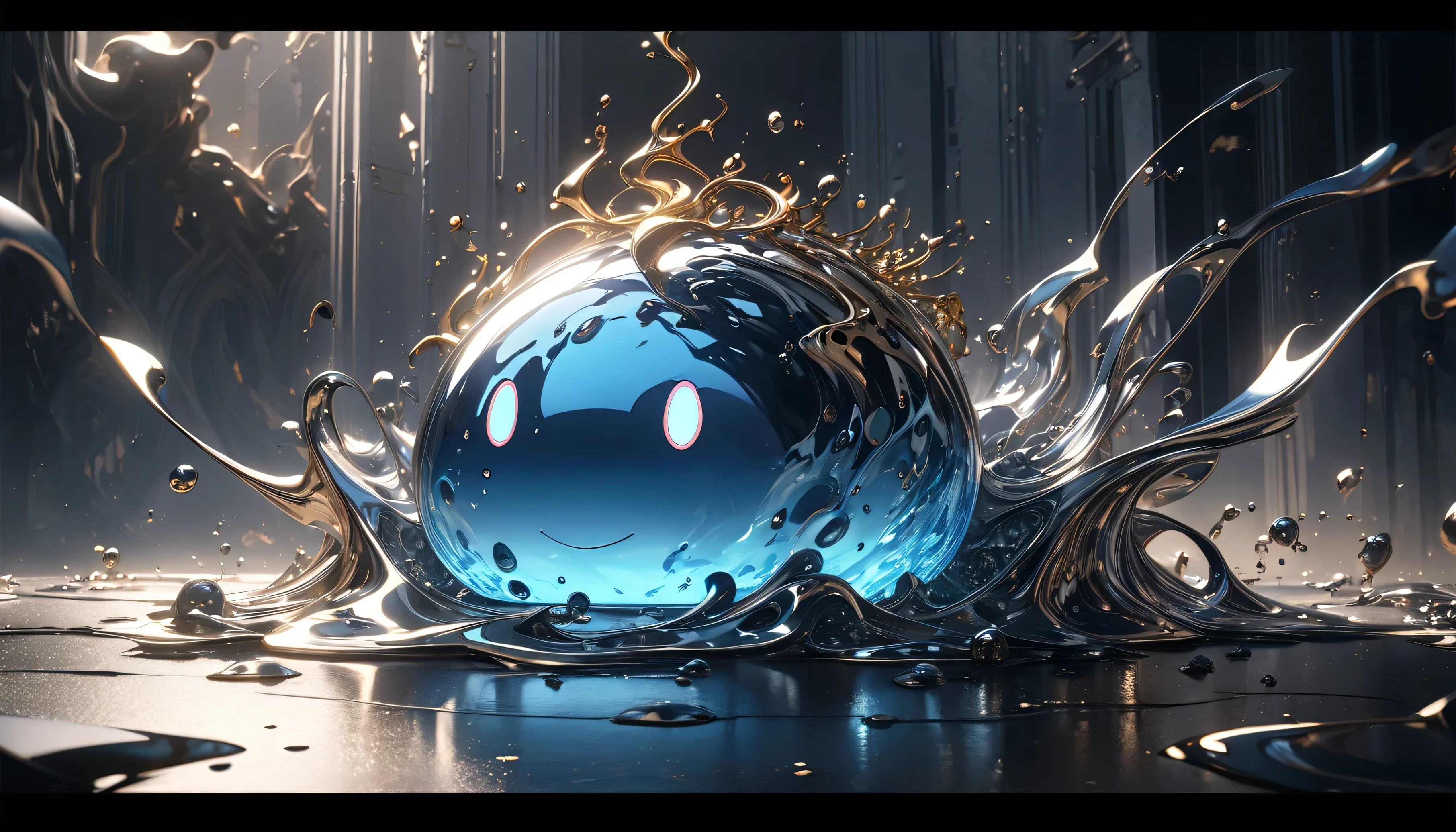 A Metal Slime , careless, melt, Fluid Metal, masterpiece, high res, 8k, movie lighting, Very detailed, Actual , Dramatic Shadows , Intricate details, Gloomy Atmosphere , Aesthetic , DYNAMIC ALLOCATION , Complex Textures , seamless blend , smooth surface, Shining Metal , Melt Flow , Aesthetic, striking contrast , Unreal and Dreamy , surrealism , Smooth Expression , Complex Palette , Accurate Brushwork , Aesthetic , The Essence of Metal , aesthetics {x} A Moment That Attracts the Audience,