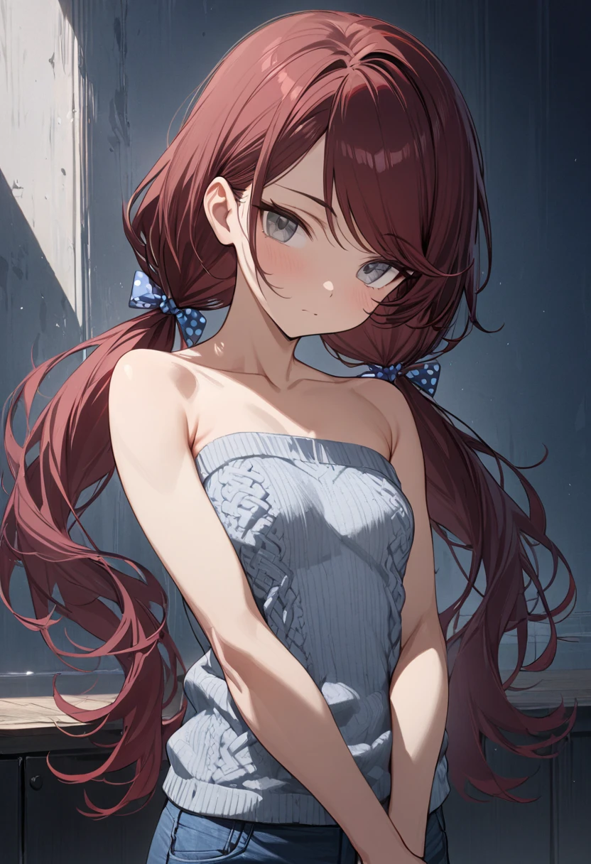 (Masterpiece, best quality), intricate details, JK, highly detailed, intricate details, solo, 1 expressionless girl, ((long hair in low twin tails, gray eyes, dark red hair)), (((long swept bangs))), upper body, small , toned arms, ((strapless loose sleeveless shirt, knitted shirt, faded blue jeans)), hair ribbons, polka dot ribbons, holding own arm, head tilt,