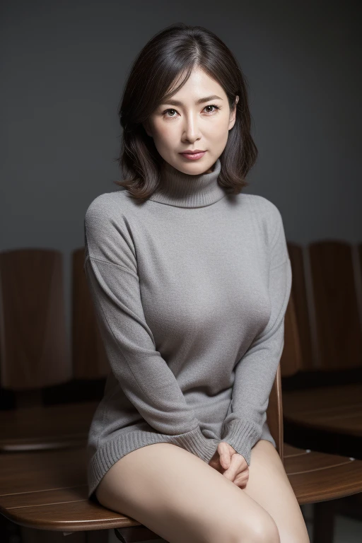 masterpiece, highest quality, High resolution, realistic, Live shooting, 8k wallpaper, perfection, professional lighting, very detailed,sharp, ((90-year-old Japan mature woman, facial wrinkles, bangs, well-shaped small breasts, business wear, Light brown medium hair, white sweater, black tight skirt, serious face with closed mouth)), ((stand facing forward、Staring at the viewer'serious face eyes.)), full body photo, knees protrude from the frame,