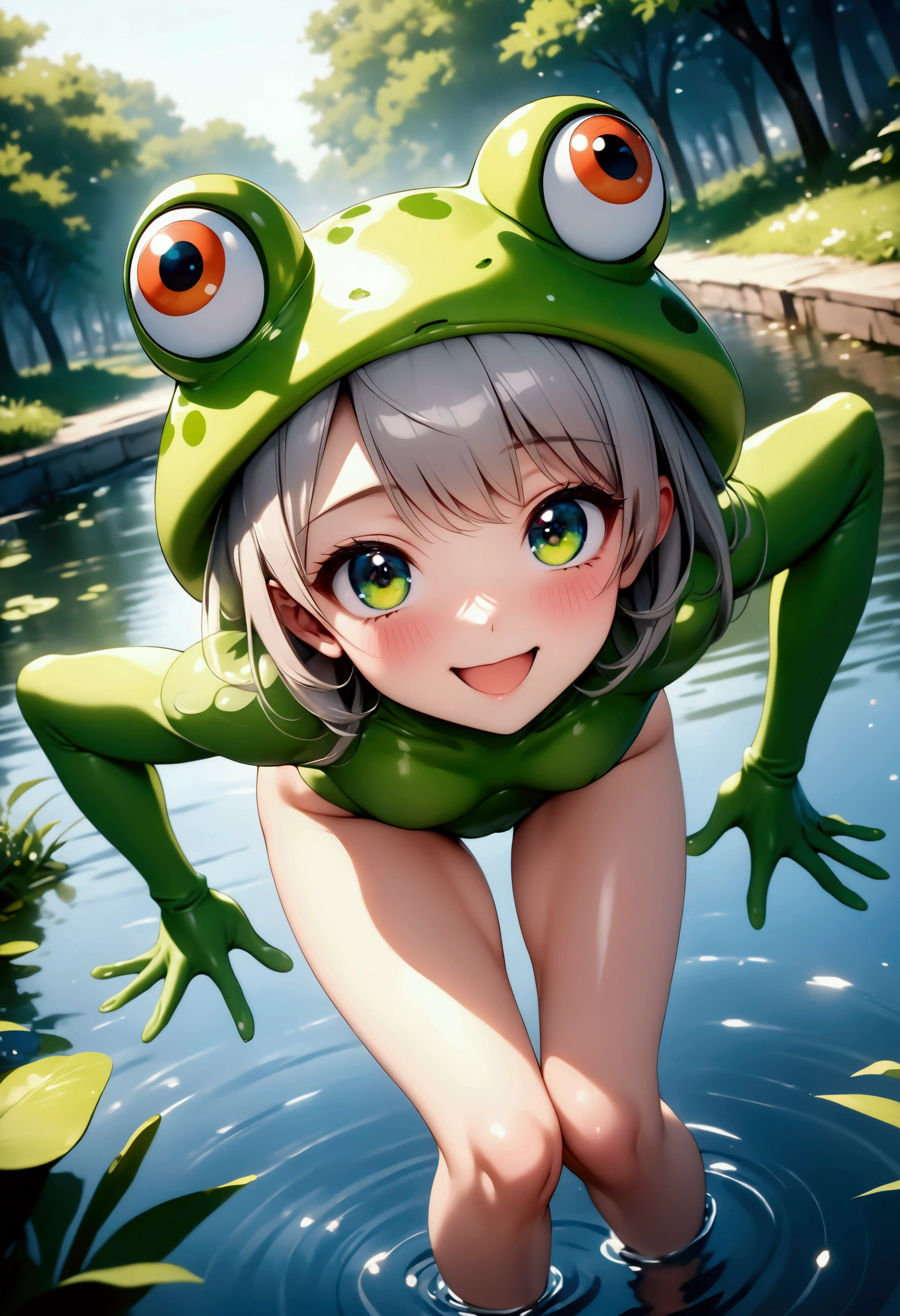 The girl is riding on a huge tree frog, the tree frog's height is 400inch, the tree frog is rapidly going back to his pond, the girl and the tree frog are friend, BREAK, the girl, 17yo, (shiny silver hair, bob cut, bang between eyes, beautiful hair), Ultra-detailed face, (silver eyes:1.3), beautiful eyes, athlete, Detailed eyes, glossy eyes, embarrassed, laugh, enjoy, (neon pink bikini, pink high heel), (Best quality, 8k, Masterpiece :1.3),