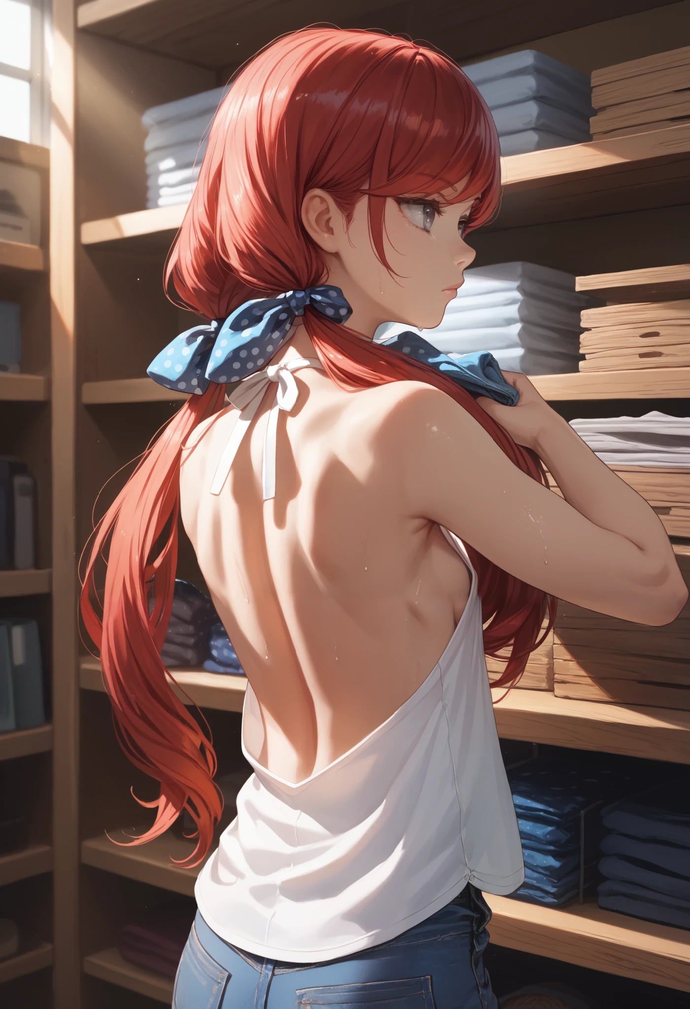  (Masterpiece, best quality),  intricate details, JK, highly detailed, intricate details, from behind, expressionless girl, solo, ((long hair in low twin tails, gray eyes, red hair)), (((long swept bangs))), upper body, small breasts, toned arms, ((backless sleeveless halter neck shirt, white shirt, baggy shirt, blue jeans)), hair ribbons, polka dot ribbons, wiping down counter, holding black rag, sparkling clean, wooden shelves, counter, sweat, sun rays,