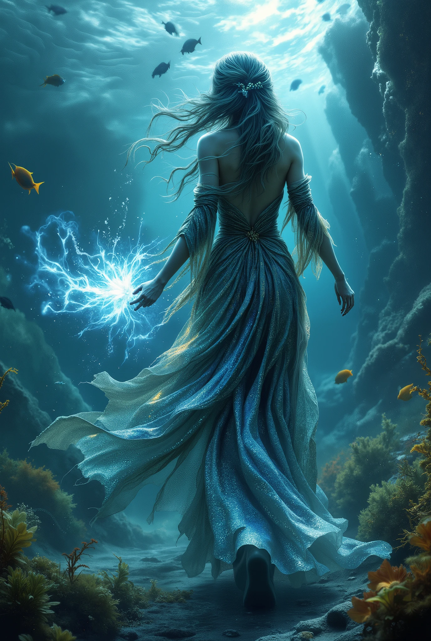  A beautiful breathtaking picture , fantasy style, a sorceress in a beautiful dress with iridescent shrugs up her arms and works magic,  in full length walks along the seabed, algae grow beautifully and her hair, like sea waves, diverges beautiful lush, Fish swim, magic and mysticism , very beautiful masterpiece, 8 k,  best quality,  complicated details,  the maximum number of details ,  Lots of Details , fantasy style,  beautiful bright colors ,