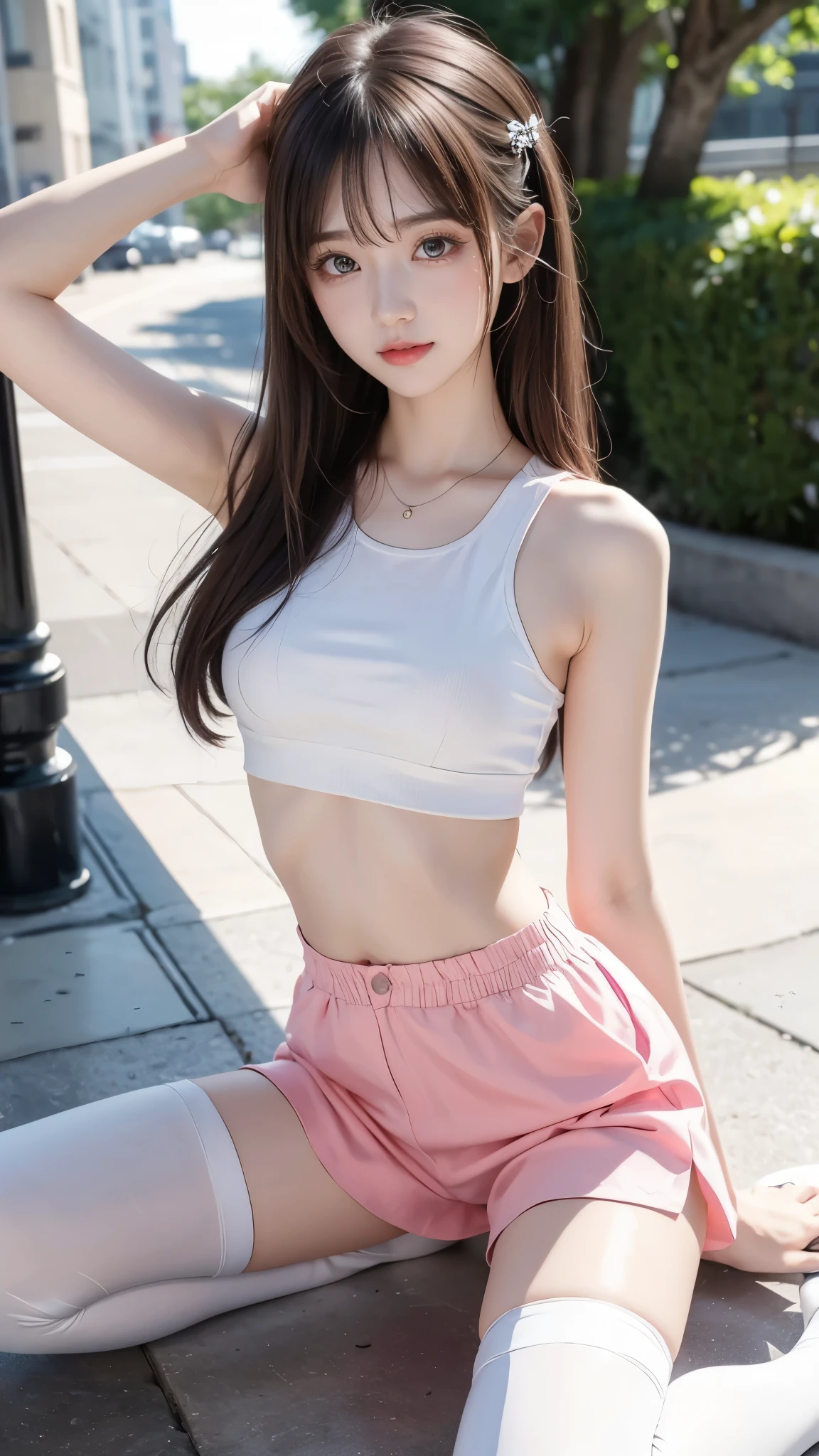 best quality、8k、 RAW photos 、 reality、 Ultra Fine、masterpiece、Small beautiful breasts、(Cute Tank Tops、cute culotte pants )、 slender body line、((素敵な髪型))、 high knee socks、 long boots、whole body、((Baby Face、 petite female middle school idol、 transcendental cute))、(Temptation mood)、( detailed legs:1.3, Thin Thighs、Thin legs、 beautiful feet)、( detailed hands :1.3、 perfect right hand)
