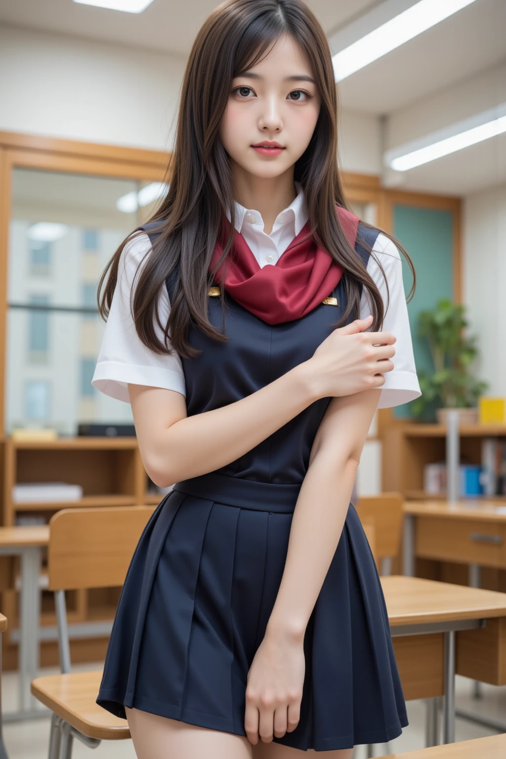 Masterpiece, high quality, ultra high definition, rich colors, flat colors, depth of field, lens flares
1 girl, sitting, brunette hair, look audience, school, classroom, pleated mini skirt, school uniform, serafuk, black pantyhose, detail touch, detailed cloth texture, beautiful detailed face, 20 years old, loli, ambience