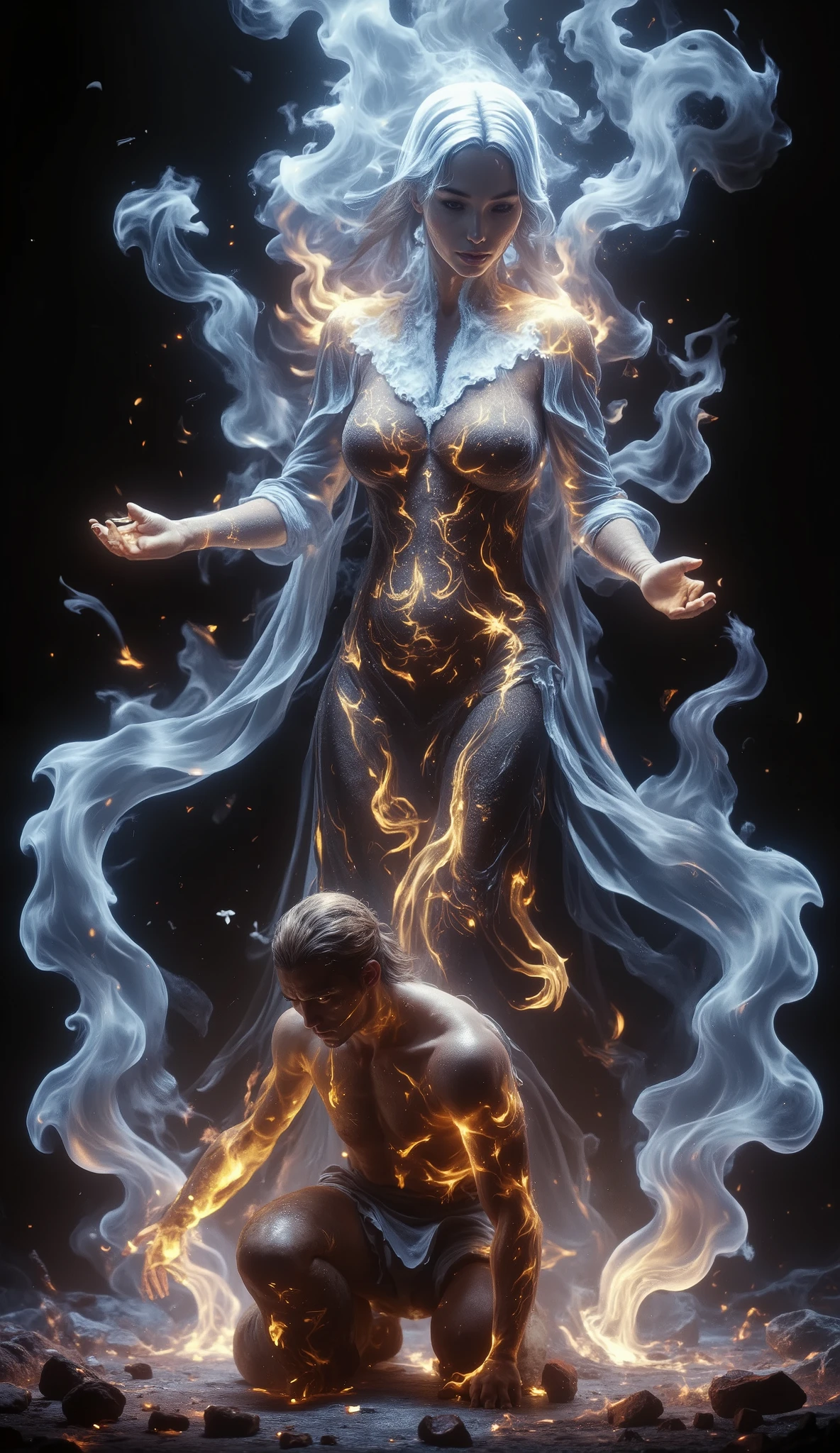 (best quality, 128k,highres,masterpiece:1.2),ultra-detailed,(realistic,photorealistic,photo-realistic:1.37), ((masterpiece)) ((photography)) ((Highest quality)) A hyper-realistic illustration featuring a man kneeling before a veiled woman in a dramatic, fiery scene. The man, with a rugged appearance, kneels in submission, his head bowed, hands resting on the ground, sweat glistening on his face from the intense heat. The veiled woman stands tall, her elegant robe flowing like smoke, partially revealing intricate golden embroidery that catches the light of the flames. Her veil shimmers subtly, obscuring her face yet giving her an aura of mystique and power. Swirling flames surround them, casting a warm, flickering glow that highlights every detail of their figures. Dense smoke rises into the dark sky, curling around them like an otherworldly presence, while glowing embers drift upward, adding to the dramatic intensity of the scene.