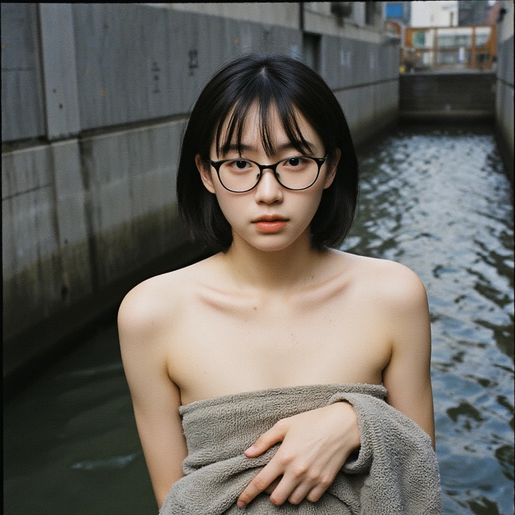 Medium shot, naked portrait, nudephotography, shinynipple, , DEEP CLEAVAGE, MEDIUM BREAST, Bokeh, (hdr:1.4), High contrast, (Cinematic, Teal and orange:0.85), (pastel colour, dim colors, soothing tones:1.3), show armpit , show pussy