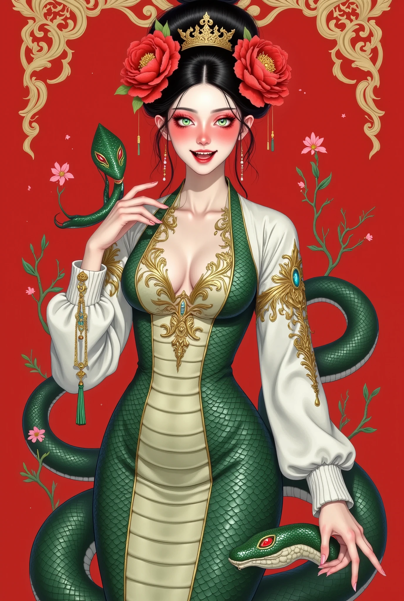 ((( Beautiful Snake Girl,Black high bun , wearing a huge red peony on her head,,Enchanting green eyes 。Open your mouth,Fangs,Holding a snake in his hand,Motion Capture)))。snakeskin skirt,Snake Body,Snake tail. red background,Auspicious cloud pattern on top。 border decoration 。