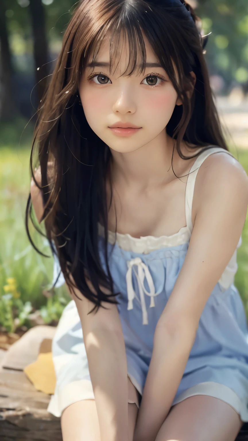 masterpiece, best quality, 8k, 1 girl, 20th Generation, full body on top, Alone, cute, girly, delicate girl, clean, clean beauty, RAW Photos, looking down at viewers , portrait, Soft light, professional lighting, backlight, is waiting for your eyes , Sophisticated, film grain , ( Detailed Eyes and Faces :1.0), medium length floating hair, beautiful flowing hair , bangs,