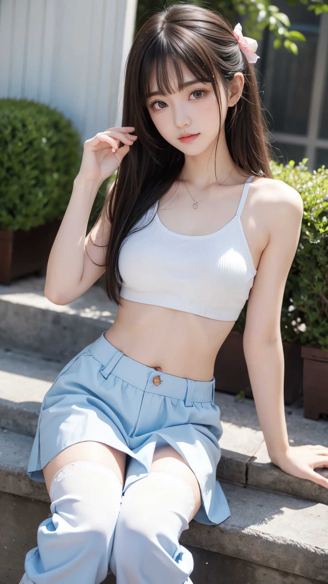 best quality、8k、 RAW photos 、 reality、 Ultra Fine、masterpiece、Small beautiful breasts、(Cute Tank Tops、cute culotte pants )、 slender body line、((素敵な髪型))、 high knee socks、 long boots、whole body、((Baby Face、 petite female middle school idol、 transcendental cute))、(Temptation mood)