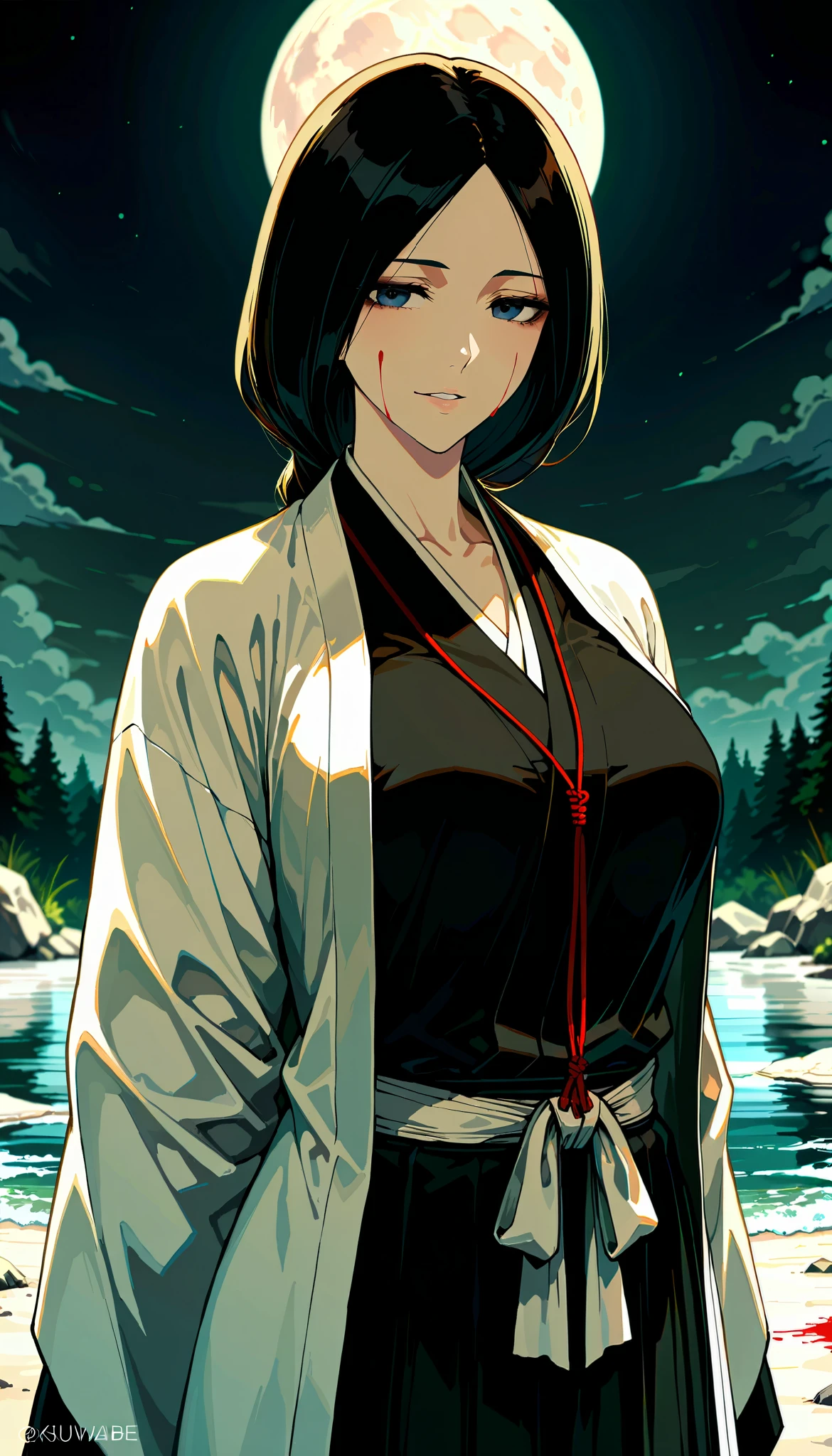 (artist:k-suwabe:1.110), (artist:OKAZU:1.10), (artist:hiten:0.51), artist:WANKE, (artist:ciloranko:0.55), masterpiece:1.2, 1woman, (femme fatale), solo, 30 yars old, (bleach character, Retsu Unohana), (best quality), (real picture, intricate details, depth of field), make up, parted lips, highly-detailed, perfect face, (skindentation), attractive waist, tall, glossy coral lips, moderate musculature, (extra long smoky-black hair:1.2), ((beautiful deep dark-blue eyes)), sexy, peaceful expression, ((medium breast size: 1.4)), hanging breasts, a wide kind smile, (black nagagi, white haori, black and white belt with red cord), ((old scar with jagged edges in the sternum_body area)), (dark atmosphere, traces of blood everywhere), (some traced of blood on the sleeve of the haori, a few drops of blood on the face, arms behind back, night, lakes at the edge of the forest, lake shore, full moon, blood moon,