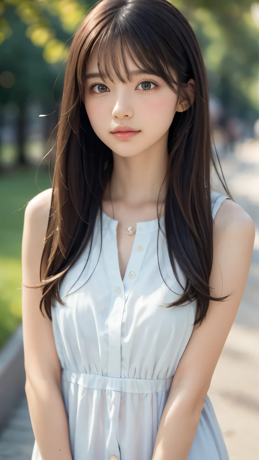 masterpiece, best quality, 8k, 1 girl, 20th Generation, full body on top, Alone, cute, girly, delicate girl, clean, clean beauty, RAW Photos, looking down at viewers , portrait, Soft light, professional lighting, backlight, is waiting for your eyes , Sophisticated, film grain , ( Detailed Eyes and Faces :1.0), medium length floating hair, beautiful flowing hair , bangs,