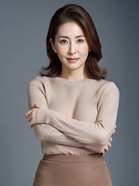 High resolution、High-level image quality、high detail、masterpiece、rough skin、anatomically correct、sharp、Gray background((japanese mature、40 years old))、Alone、((wrinkles on face))、shapely big breasts、Straight light brown shoulder-length hair、Chubby body type(((Stand upright facing the center of the screen。)))、Close your mouth and look serious、sweater, skirt、((cowboy shot)) 、
