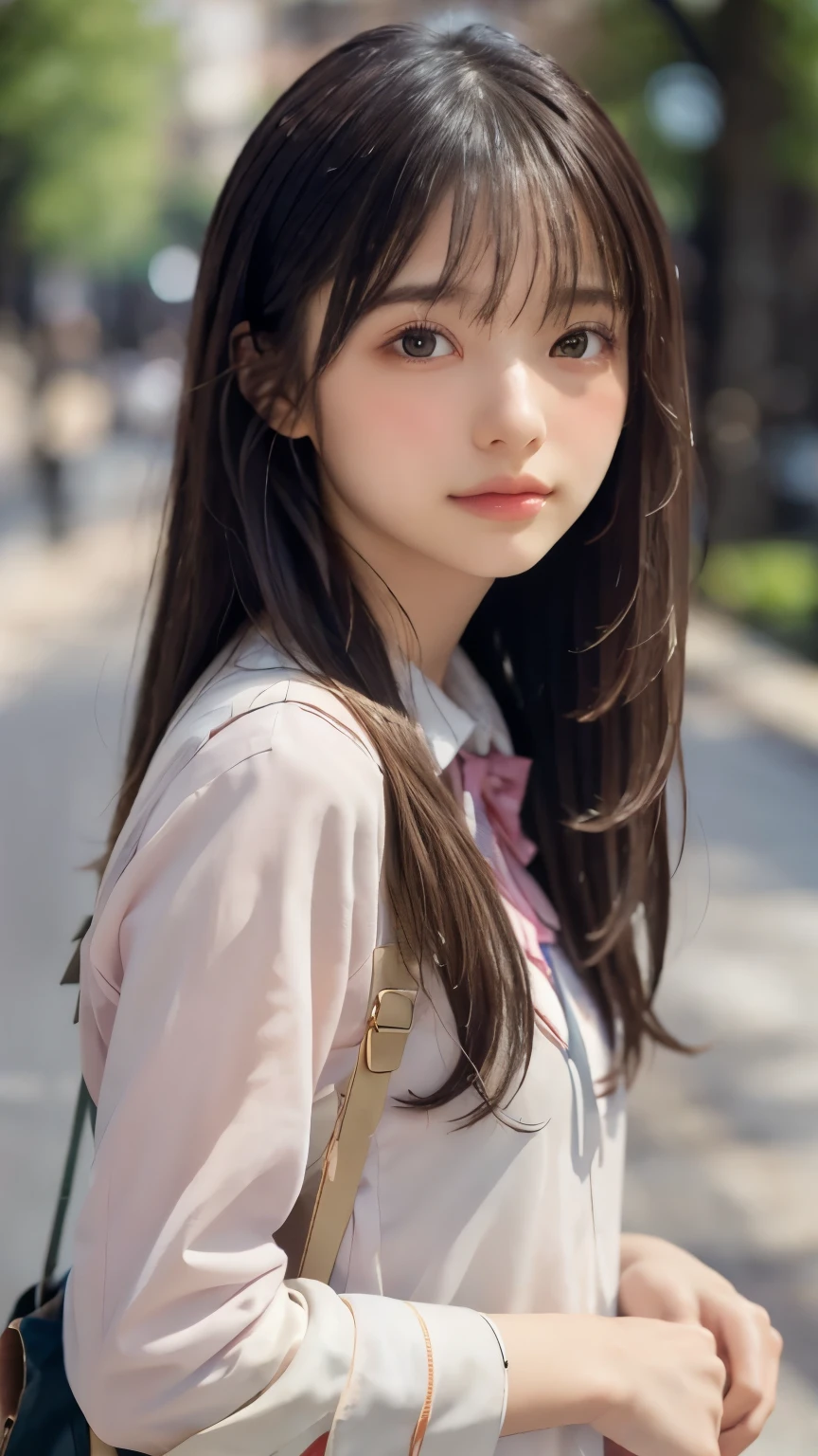 masterpiece, best quality, 8k, 1 girl, 20th Generation, full body on top, Alone, cute, girly, delicate girl, clean, clean beauty, RAW Photos, looking down at viewers , portrait, Soft light, professional lighting, backlight, is waiting for your eyes , Sophisticated, film grain , ( Detailed Eyes and Faces :1.0), medium length floating hair, beautiful flowing hair , bangs,