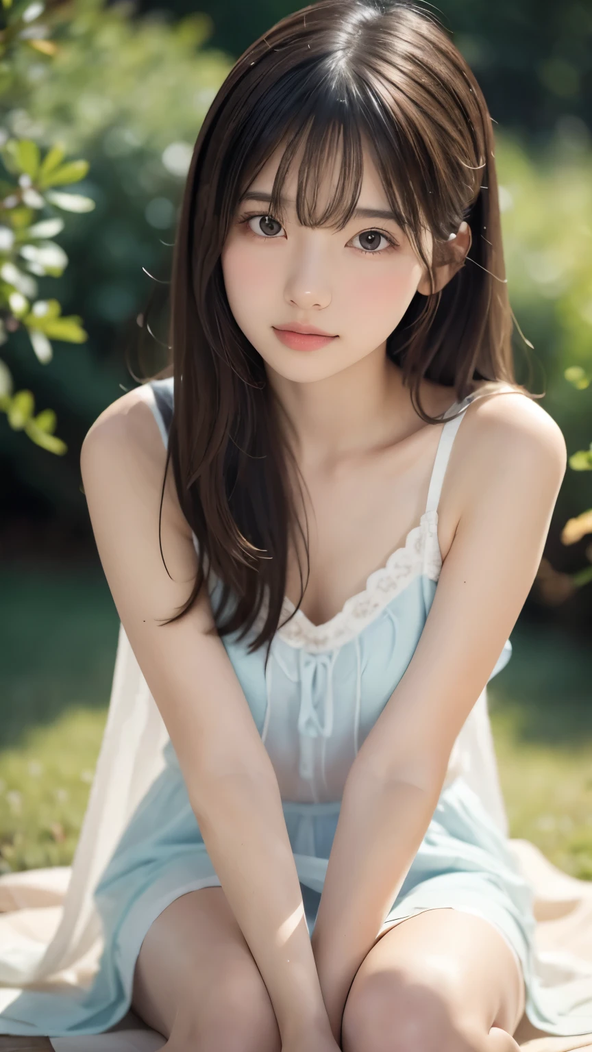 masterpiece, best quality, 8k, 1 girl, 20th Generation, full body on top, Alone, cute, girly, delicate girl, clean, clean beauty, RAW Photos, looking down at viewers , portrait, Soft light, professional lighting, backlight, is waiting for your eyes , Sophisticated, film grain , ( Detailed Eyes and Faces :1.0), medium length floating hair, beautiful flowing hair , bangs,
