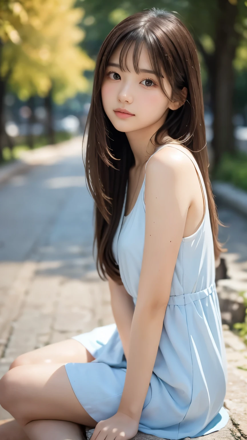 masterpiece, best quality, 8k, 1 girl, 20th Generation, full body on top, Alone, cute, girly, delicate girl, clean, clean beauty, RAW Photos, looking down at viewers , portrait, Soft light, professional lighting, backlight, is waiting for your eyes , Sophisticated, film grain , ( Detailed Eyes and Faces :1.0), medium length floating hair, beautiful flowing hair , bangs,