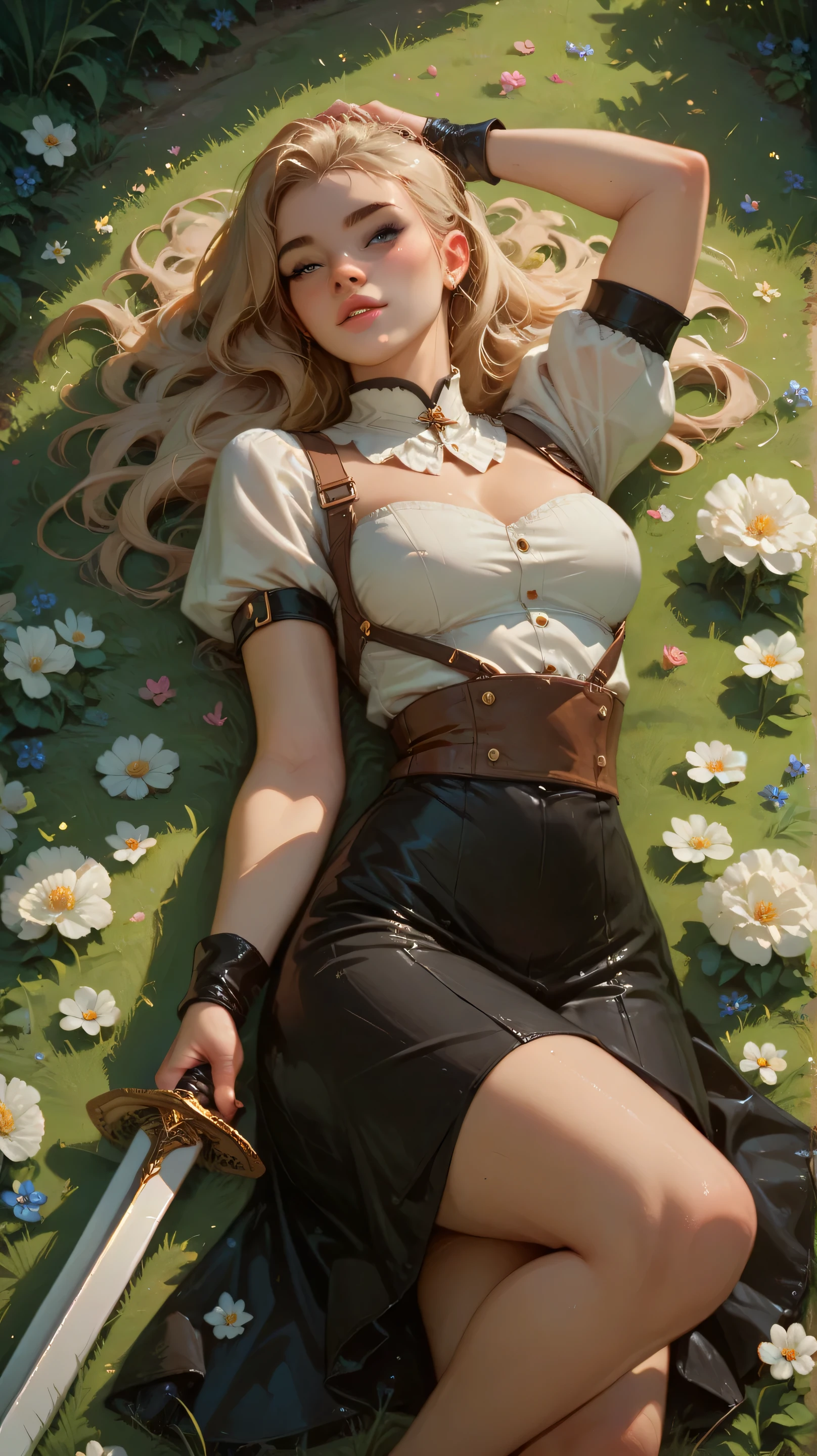 A knight laying in a field of flowers with a sword