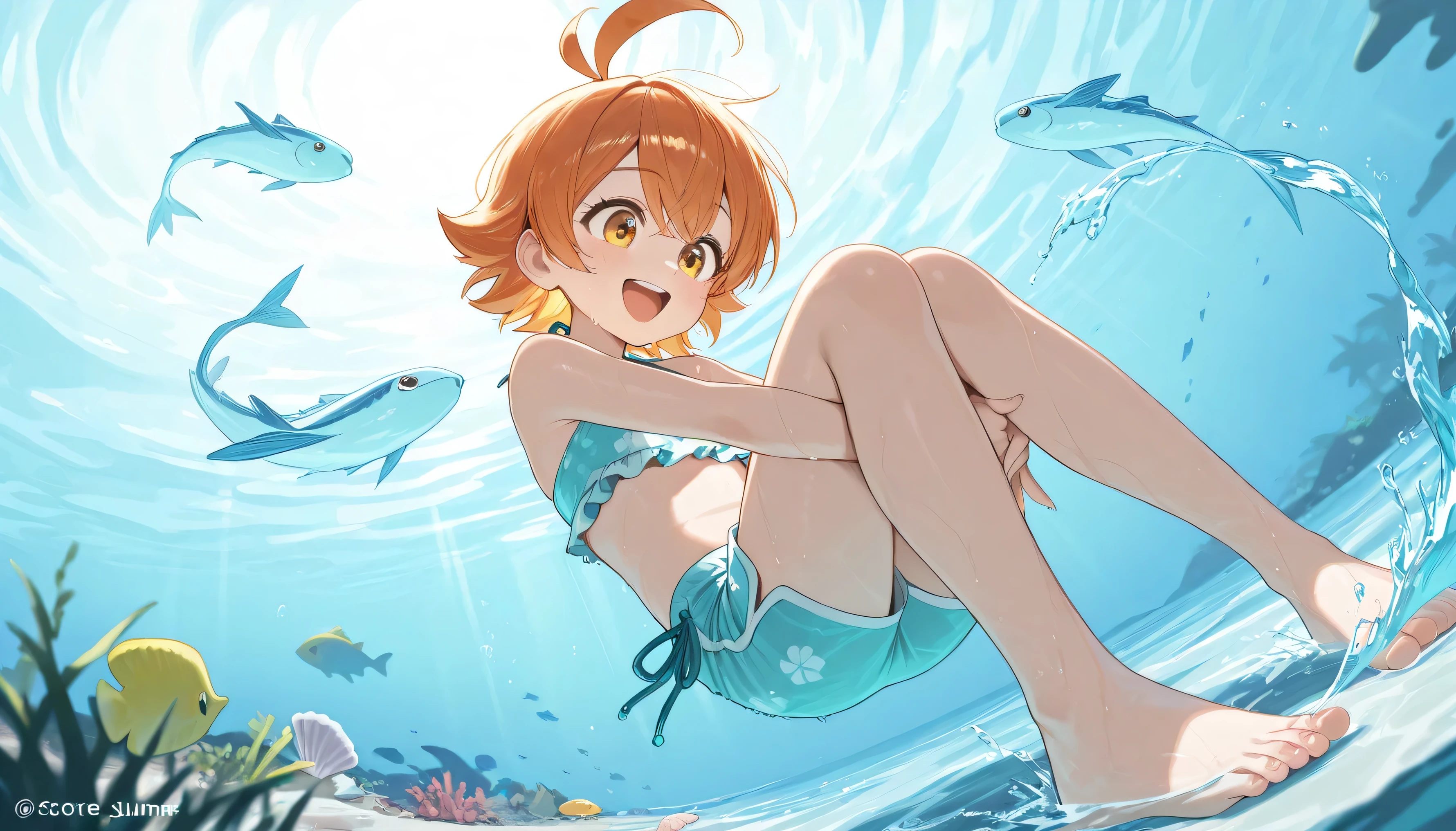 A cartoon cat with a sweet smile is diving，Dive into the turquoise seabed，Schools of clownfish swim around，Wear bikinis and fins，Stylized furry, by Ghibli Studio,