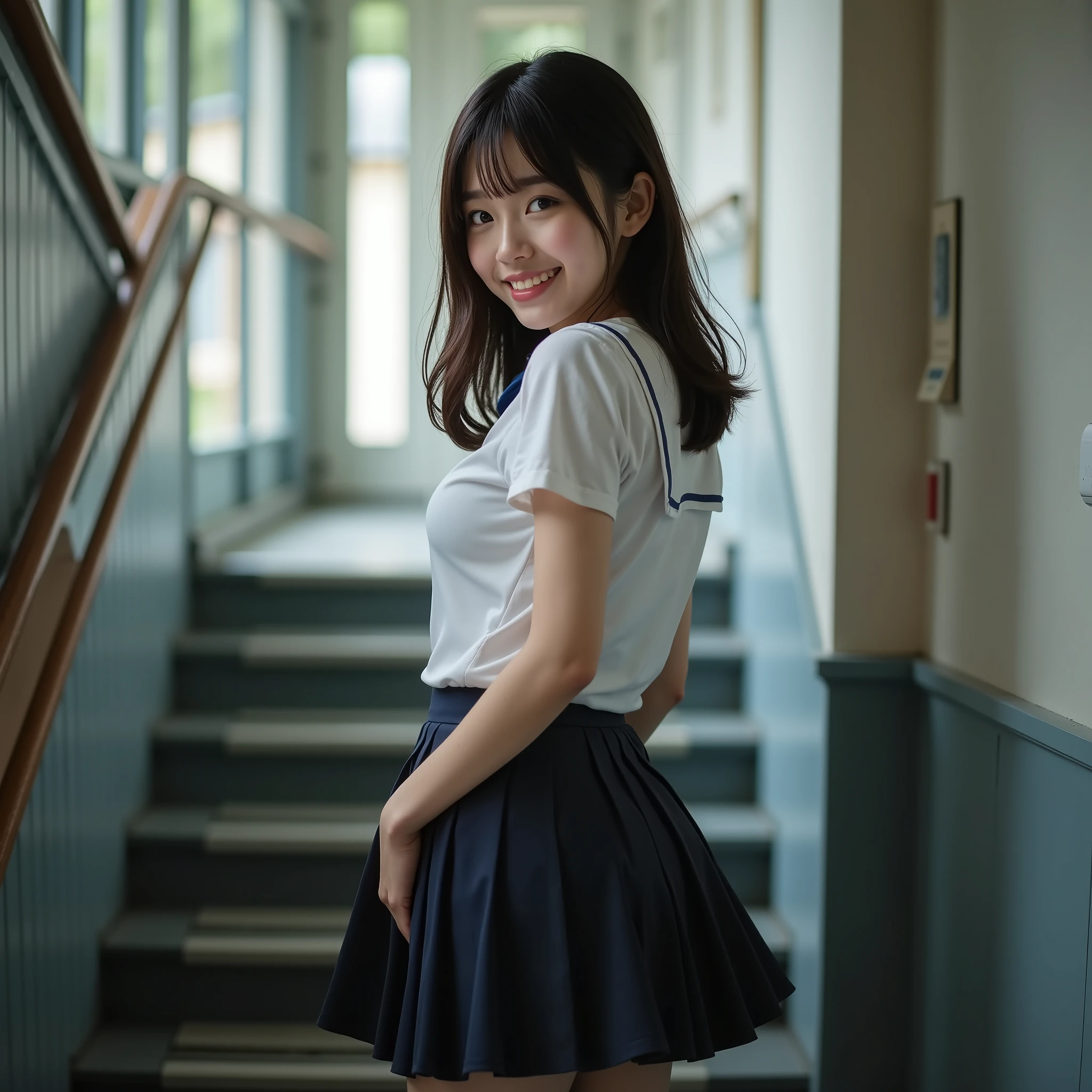 『 a Japanese girl :1.3』『 real photo :1.3』 best quality:1.2、(( big breasts))、 I'm showing my teeth 、((young 20 year old woman ))、(( have red cheeks ))『 I'm smiling :1.9』、((( anatomically correct、 perfect anatomy、 anatomically correct指)))、 slender body, is present, best quality, super high resolution, RAW Photos, (Curvy body)、 full body on top,Idol-like appearance and smile, High School Uniforms,Looking back from the top of the stairs , angles from below, The background of her short uniform skirt flipping over is a school ghost story