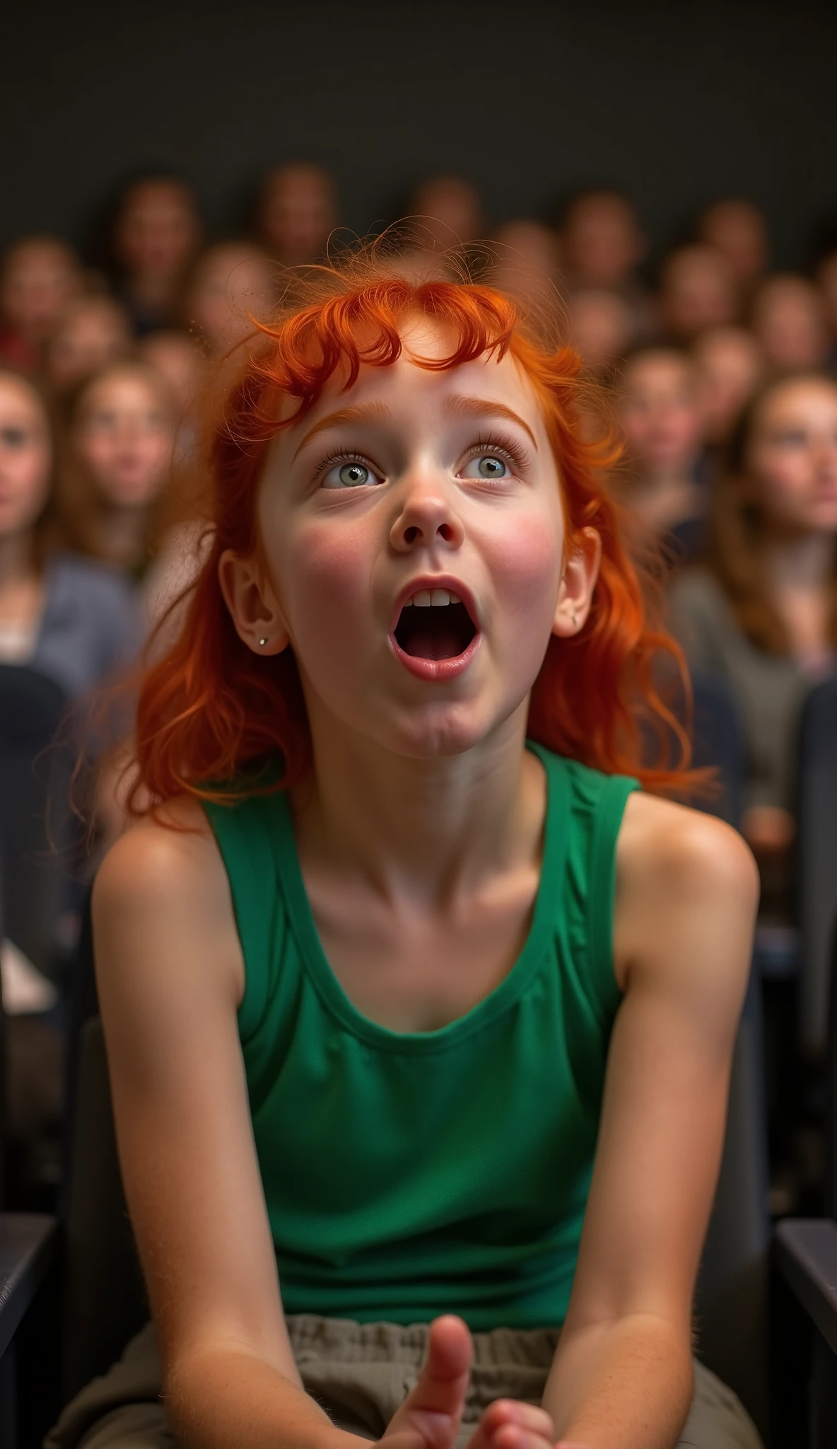 Year: 2012. Location: North River Heights, Manhattan. pre-raphaelite 10-year-old redhead girl, in class, only face view, zoom in, open mouth, teeth, tongue out, shy, saliva in mouth, saliva from mouth, head up, looking up, sexy,