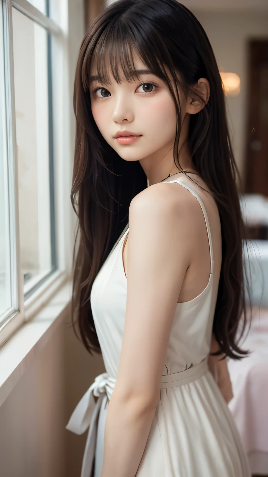 Generate an image of a young girl, taken with a Nikon D850 camera and a Nikon AF-S NIKKOR 70-200mm f/2.8E FL ED VR lens. The lighting setup should aim for high key lighting, creating a soft and ethereal atmosphere. Emphasize a shallow depth of field to enhance the subject's prominence. The aspect ratio of the image should be 2:3, typical of a photograph from the 1930s