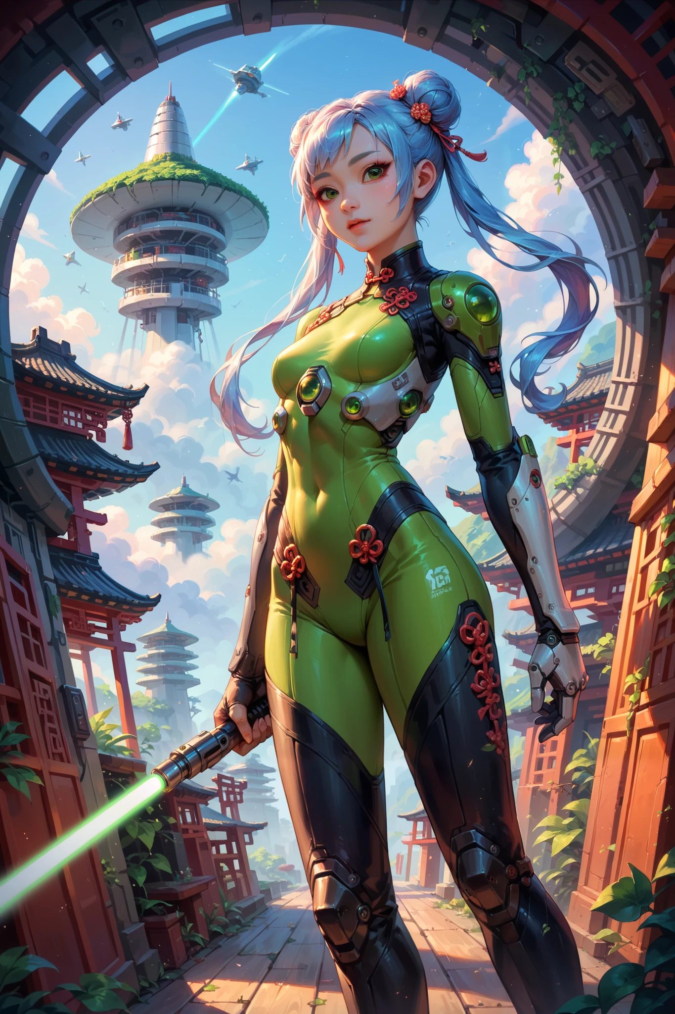 Best quality, beautiful (Asian:2) woman, light blue hair,pigtails, hair buns,Green eyes,Colossal ,White Cybersuit,Bodysuits, holding lightsaber, sci-fi boots, spaceship at the background in the space