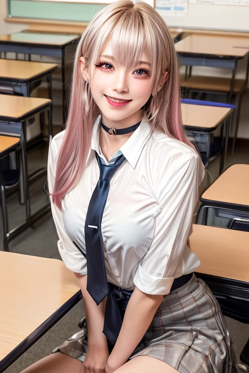 Mix 4, (8k, RAW Photos, Highest quality, masterpiece: 1.45), (Realistic, photoRealistic: 1.37), kitagawa marin, (Blonde, Pink gradient hair), ((Long Hair, Sink bangs,Colorful Hair, Red eyes)),Pose like a model,((A bold pose with a bent forward stance))、(Sit with your legs wide apart:1.3)、Japanese women, ,high School student、Model body type, (Big Breasts:1.3), Narrow waist, Beautiful Face, Beautiful Eyes, , jewelry,Earrings, White shirt, Shirt with tie, Black choker, Blue tie, Checked skirt, Grin, smile, Are standing, Cowboy Shot, inside the School、classroom、Sitting in a chair、hight School, 1 girl, alone, Detailed face and eyes, Upper body photo. Realistic, Realistic.Marin Gyaru,School_uniform