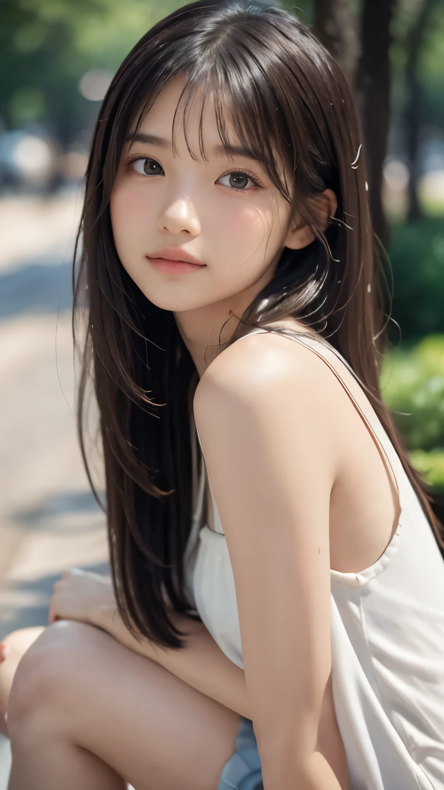masterpiece, best quality, 8k, 1 girl, 20th Generation, full body on top, Alone, cute, girly, delicate girl, clean, clean beauty, RAW Photos, looking down at viewers , portrait, Soft light, professional lighting, backlight, is waiting for your eyes , Sophisticated, film grain , ( Detailed Eyes and Faces :1.0), medium length floating hair, beautiful flowing hair , bangs,