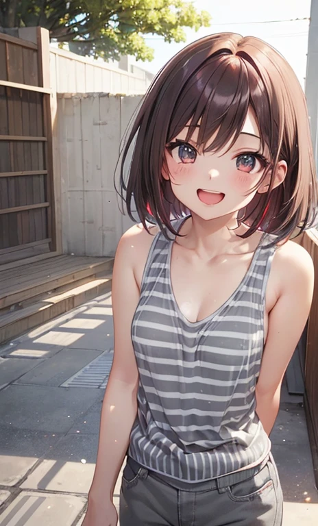 (Details of a very cute face), (Best Quality:1.4), 8K resolution, High resolution, 1girl, japanese, cute little girl, cute little girl of the highest grade, Super cute detailed face, short hair, White camisole sleeveless top, black denim shorts, looking at viewers, happy smile, wave hands, open mouth, class room,  realistic, soaking wet, Droplets, cloudy sky