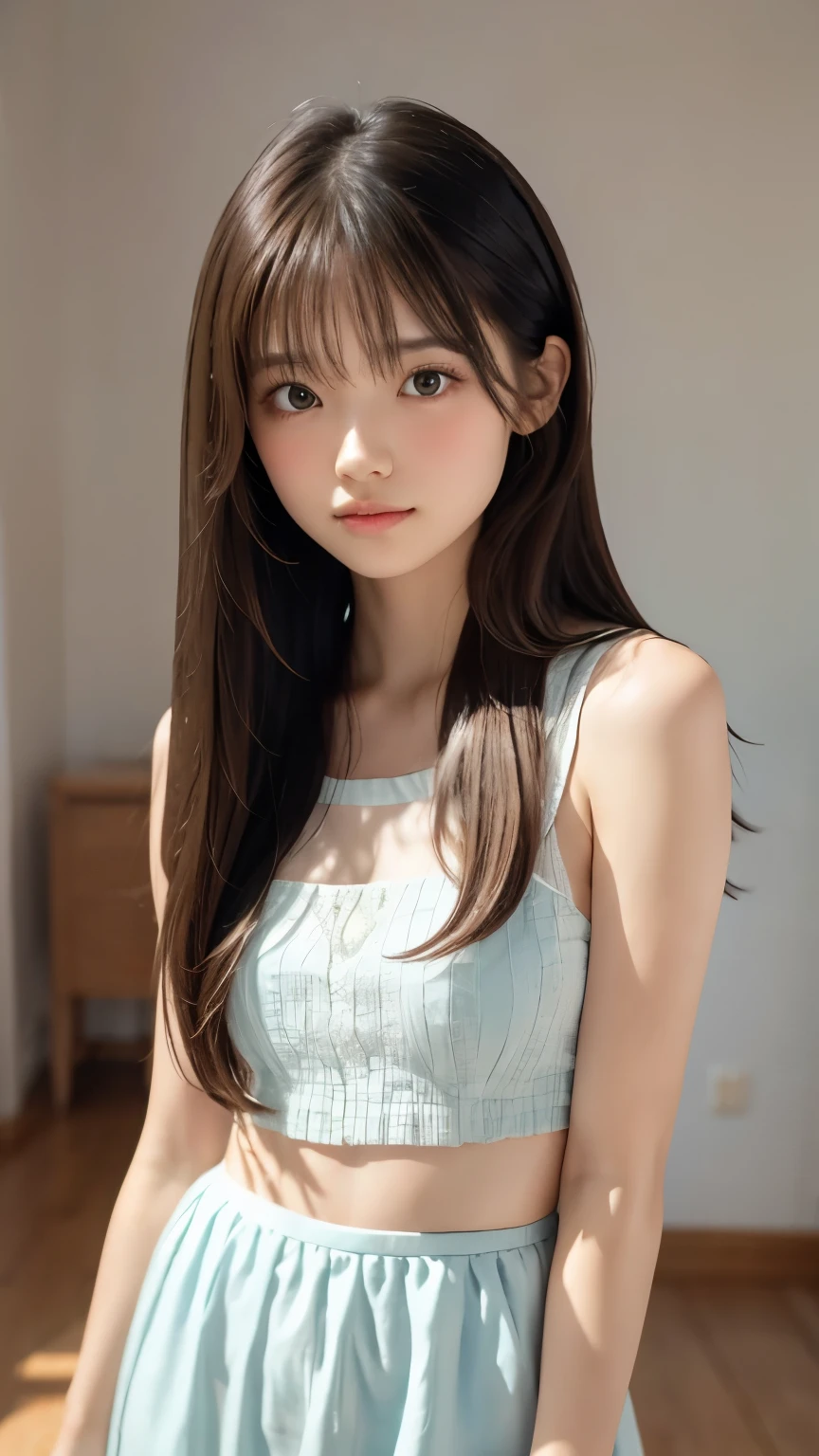 masterpiece,  best quality, 8k,  1 girl, 20th Generation,  full body on top, Alone,  cute,  girly,  delicate girl,  clean, clean beauty,   RAW Photos,  looking down at viewers , portrait, Soft light,  professional lighting,  backlight,  is waiting for your eyes , Sophisticated,  film grain , ( Detailed Eyes and Faces :1.0),   medium length floating hair,  beautiful flowing hair , bangs,