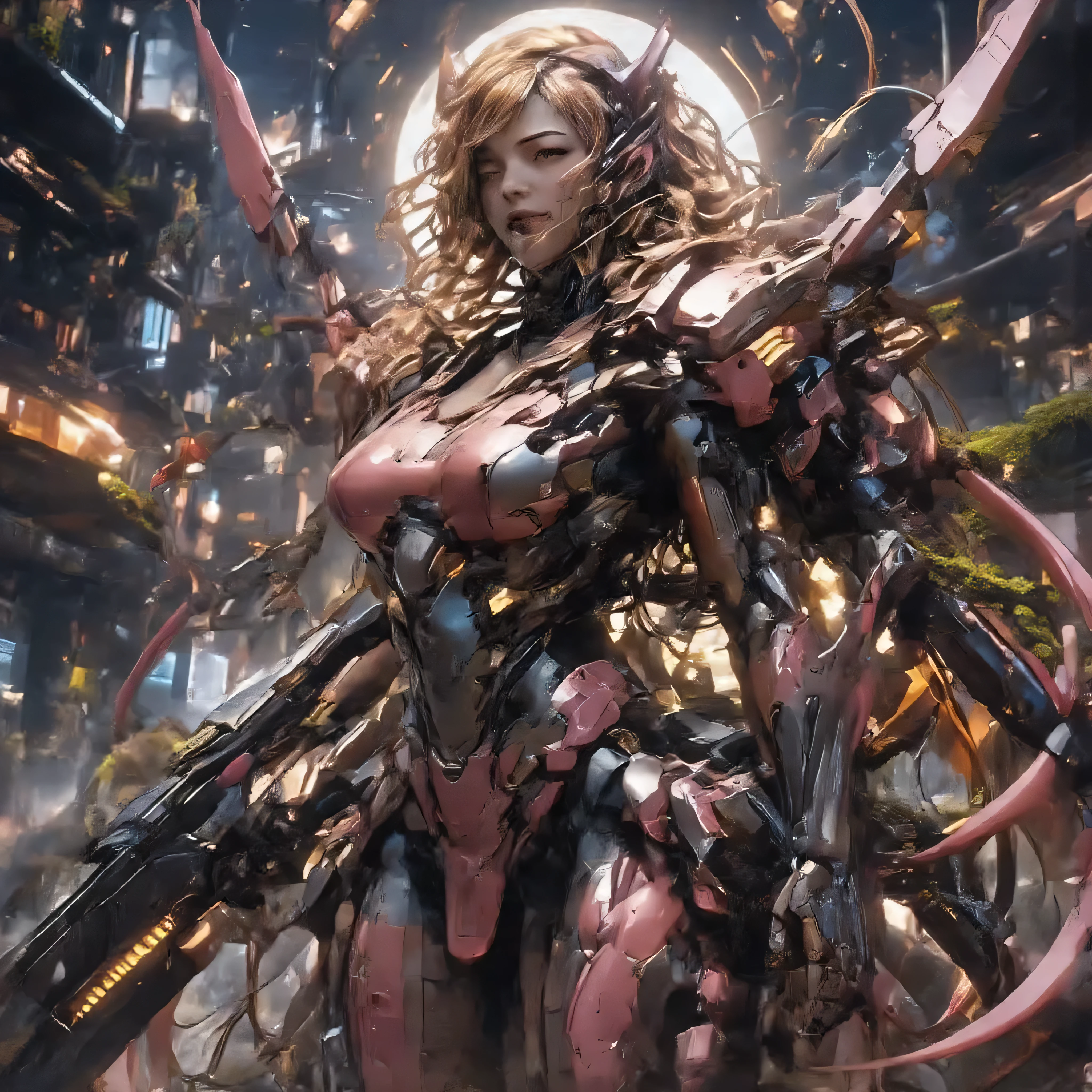 ((best quality)), (detailed), 1 japanese pornstar women fighter, 8k_wallpaper, extremely detailed eyes, (large masterpiece digital art), (intricate details:1.3 ), (ultra-detailed:1.3), (sharp focus:1.3), (natural lighting:1.05), (vivid colors:1.3), (best quality:1.4), expressive eyes, full body, detailed face, beautiful face, perfect face, ((blonde lush and thick curly hair)), (gold eyes), {{dark bronze skin}}, ({dark bronze skinned female}), (big breasts), huge chest, big wide ass, powerful relief muscles of the abdomen and legs, powerful strong muscles of the arms, Full body shot,Magical girl, Monster girl, Heterochromia, Highlights, Mechanical prosthesis, Martin boots, Chinese style, cyber monster girl Musume, she's wearing steel heavy armor of an amphibious cyber stormtrooper in the style of a steel dark red rhinoceros beetle with a dozen thin and flexible tails with cyber tips on the ends, heavy cyber armor in the style of a blue-black stag beetle, stormtrooper porn bitch, she smiles predatorily while a -mucus flows out of her mouth and runs down her chin, steel leather gloves, behind a backpack and an assault cyberpunk rifle, a wide red belt on which hangs a cyber walkie-talkie, heavy black boots, walking along a night street among the ruins of an old city overgrown with moss and vegetation under the cold lighting of the moon, ultra-realism, cinematics, 16k HD quality, post-apocalyptic, cyberpunk, dark and violent fantasy,