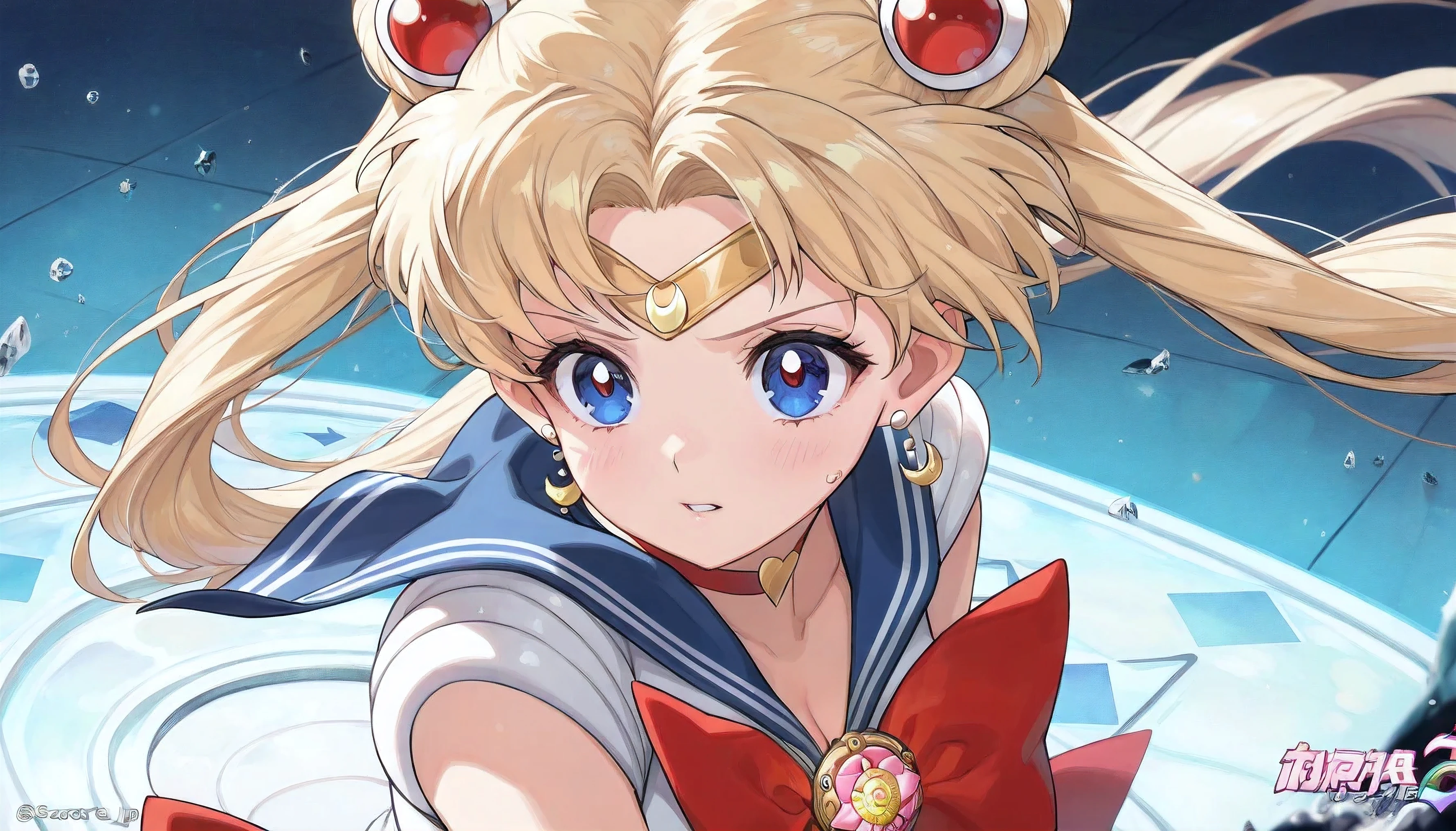 aausagi ,Sailor Moon, (white_panties:1.2), blonde, double bun, twintails, parted bangs, circlet, jewelry, earrings, choker, red bow, white gloves, elbow gloves, blue skirt, blush, full moon,nsfw, , pink