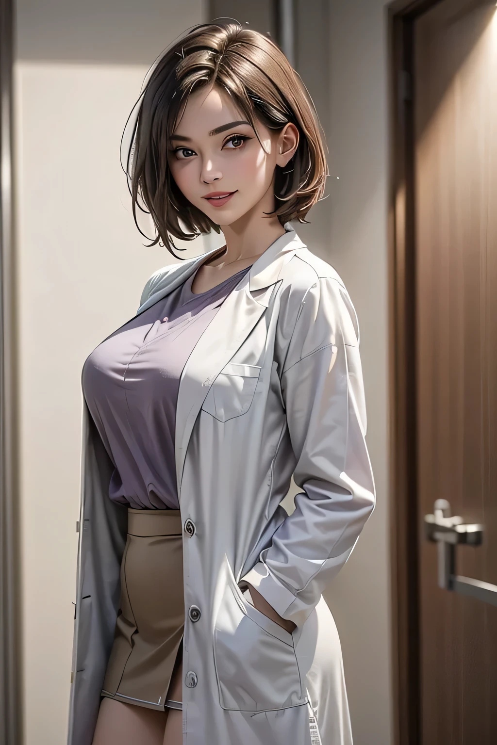 Realistic beautiful doctor、Stunning beauty、Doctor's white coat, doctor fashion、(Top quality、8K、32k、masterpiece、nffsw:1.3)、Ultra-high resolution,(Photorealistic:1.4),Original Photography, Delicate face,,Beautiful short hair, ((Doctor style)), , tight skirt、 Natural Makeup, Cleavage, Medium full-breasted、Inside the hospital, Detailed background, Perfect lighting, Depth of Field, Beautiful shadow gradient,Stethoscope , (((whole body))), Whole body capture, whole body, Legs open, Open your legs, black, Look at the camera, Attention to detail, beautiful eyes,