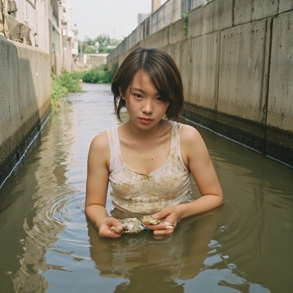 Naoyuki Obayashi,90s flash photo,1girll, Solo,At night,a woman standing in a dim alley flirting,(full bodyesbian:1.5),Big breasts,tit,(Nippur:1.2),Wet,Transparent,(sensual lingerie),Bare feet,with a bright night scene in the distanceThe best quality,((Wet ground)),(((The ground is littered with garbage))),((tenten)),sin front of camera, tmasterpiece,RAW photogr,Film photos,