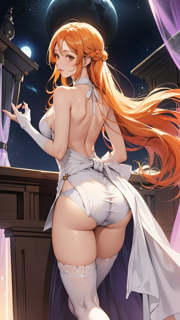 Cocktail dress, body fit see through,curvy athletic body, nami, orange long hair, brown eyes, looking at viewer, shy, smiling, In a position exposing lower parts, white panties, big ass, well-contoured body
