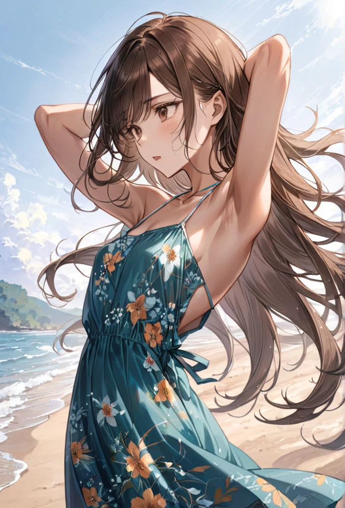 colorwater,(masterpiece, realistic:1.4), (extremely intricate:1.2)>, close shot , portrait,(upper body:1.2), (from front:1.3), 191971 dress, backless dress, (long dress:1.2), very long hair, breasts, bare shoulders, sky, ocean, water, looking at viewer, italian, head tilt, wind, cloud, sunlight, outdoor, 1girl, solo, BREAK, cinematic light, ultra high res, 8k uhd, film grain, perfect anatomy, exquisitely detailed skin, best shadow, delicate, RAW,highres, <lora:Colorwater_v1_trigger_colorwater:0.7>
