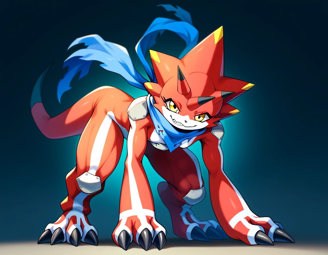 (guilmon), \(digimon\), [crusch_lulu], (By Slugbox), (By Shikaro), (by Asaneman), (female), (Feminine_Flatchested:), (exceedingly_wide_hyper_hips), [thick thighs], (Bent_forward), (normal_tail), seductive, (digitigrade_legs), (Perfect_eyes), long_eyelashes, sexy, 1080p, (best quality), (masterpiece)