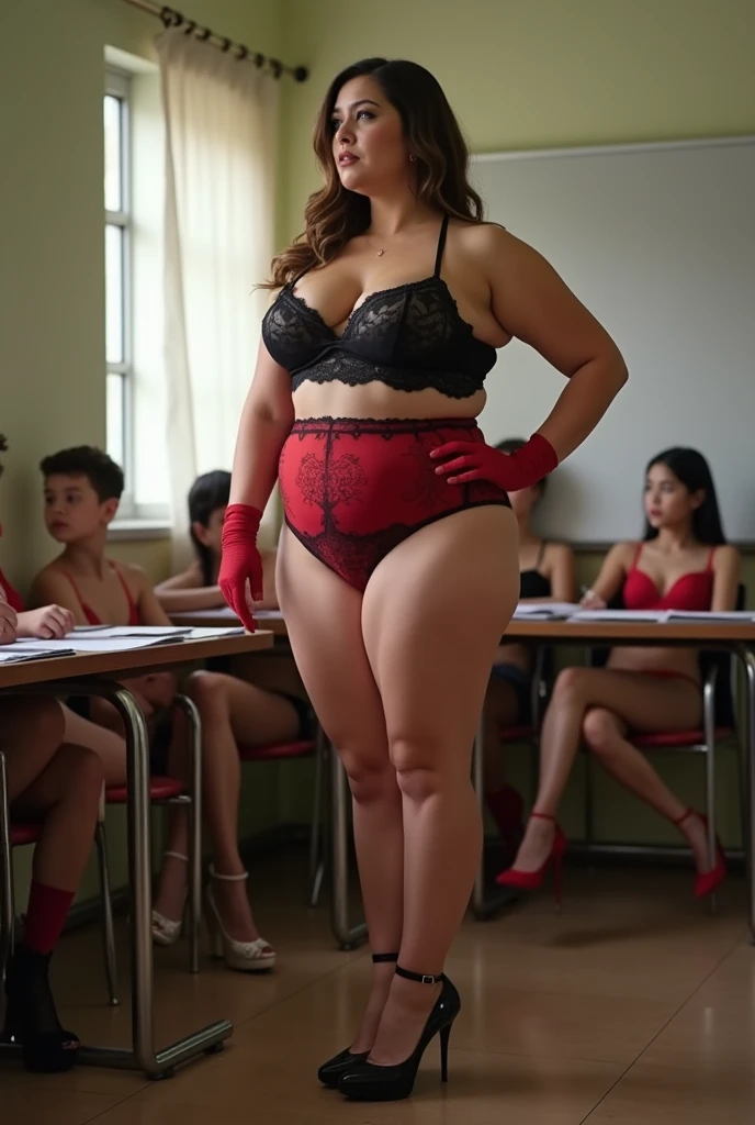 Masterpiece, RAW photo, best quality, photorealistic, extremely detailed CG unity 8k wallpaper, Depth of field, Cinematic Light, Lens Flare, Ray tracing, (extremely beautiful face, beautiful lips, beautiful eyes), long hair , intricate detail face, ((ultra detailed skin)), Indian teacher, lady teacher, busty, chubby, fatty figure, chubby belly and thighs, thick figure, thick arms, gigantic breast and deep cleavage, big tits and ass, wide hips, wearing a teacher dress ((red shirt and bra, skirt and stockings)), inside a classroom, very seductive, sensual, erotic smile, big lips ((red lipstick)) ((smokey eyes)), attractive figure, provocative lady, curvy 