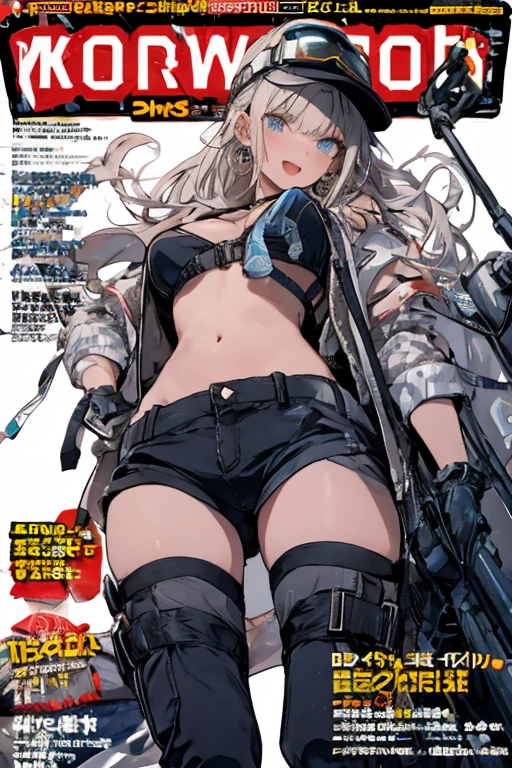 konggo \(warship girls r\),((Best quality))), ((Best quality))), ((Ultra-detailed)), ((illustration)), ((Disheveled hair)), ((frilld)), (1 girl), (Solo),1girl, ;d, bangs, torn bikini, blonde hair, blue eyes, blue flower, blue nails, blush, breasts, cleavage, earrings, eyebrows visible through hair, eyewear on head, flip-flops, front-tie bikini, front-tie top, full body, goggles, halterneck, jewelry, large breasts, long hair, looking at viewer, nail polish, navel, one eye closed, open mouth, sandals, torn shirt, side-tie bikini, smile, solo, standing, torn string bikini, sunglasses, swimsuit, toenail polish, toenails, upper teeth, torn white bikini, torn white shirt, torn