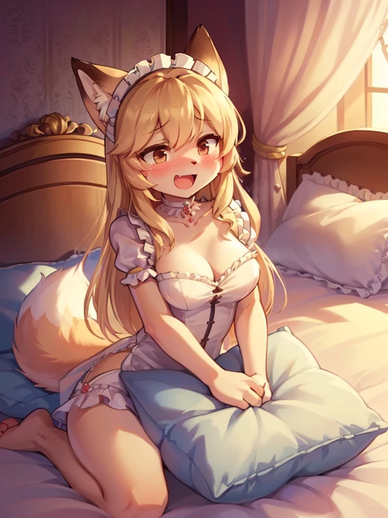 One girl, embarrassed face, white panties, blond twin-tail hair, rutting, climax, convulsions, masturbation, cat ears, collar, beautiful breasts, erect nipples, drooling, pink lolita dress, white knee-high socks, white gloves, legs wide open, crown, legs open by herself, sitting on bed, legs open by herself, showing her panties Front view, dripping love juice, soaking wet panties