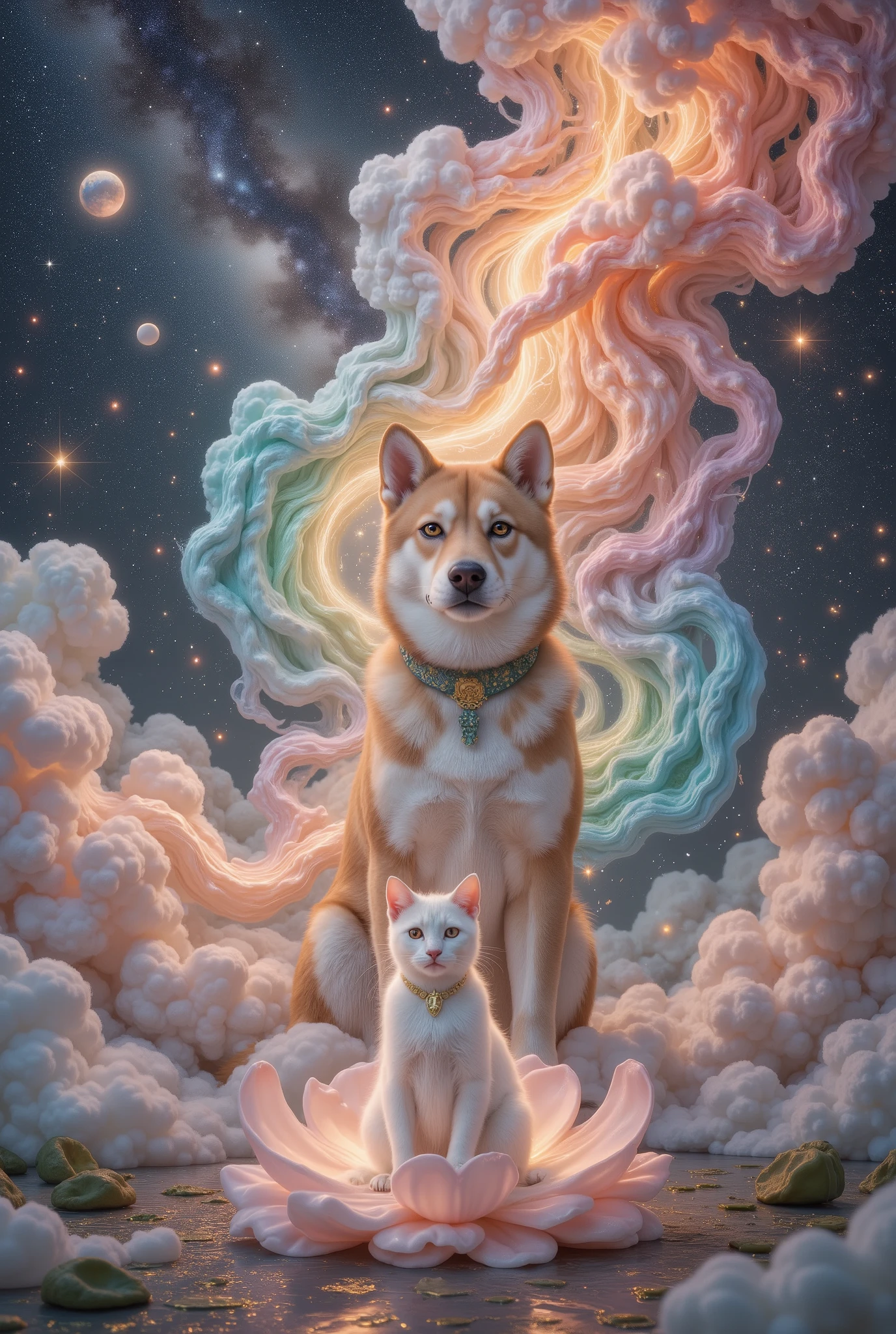 32K original photo , Quality Best , wearing a light orange mini summer dress . dynamic angle,aurora, constellation,new moon,Earth \(Planet\),Full Moon,galaxy,Light Particles,Milky Way,night,night Sky,Planet,meteor,Sky,space,Starry sky background,starry Sky, wonderland,cloud, Dunhuang art style illustration ,The nine-color Shiba Inu is surrounded by the auspicious cloud,magnificent ,( Siamese cat shining with stars :1.36) Standing in a lotus pond , Very fine brushstrokes , Soft and smooth , Chinese red and indigo , gold background ,The rainbow glides on the cloud