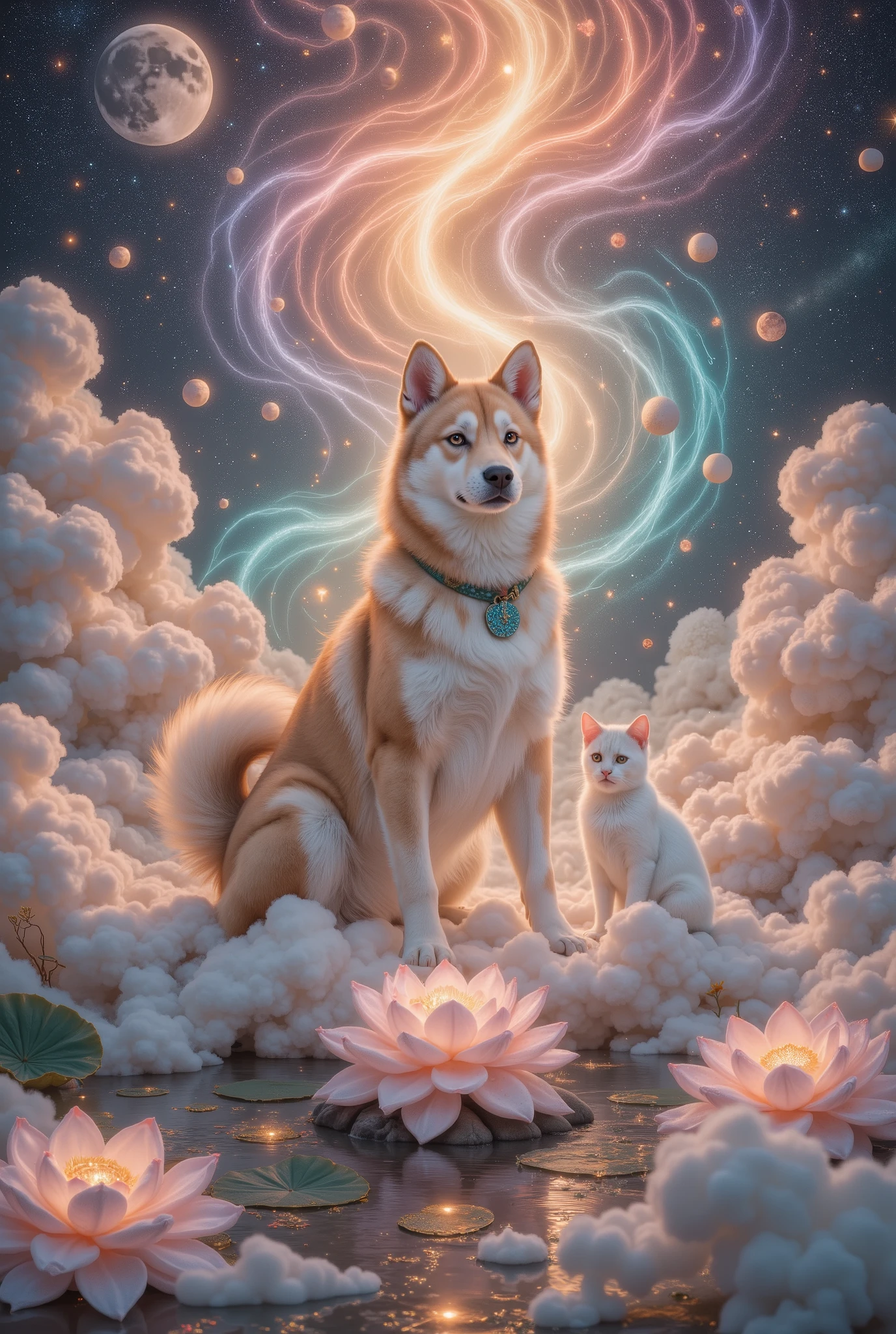 32K original photo , Quality Best , wearing a light orange mini summer dress . dynamic angle,aurora, constellation,new moon,Earth \(Planet\),Full Moon,galaxy,Light Particles,Milky Way,night,night Sky,Planet,meteor,Sky,space,Starry sky background,starry Sky, wonderland,cloud, Dunhuang art style illustration ,The nine-color Shiba Inu is surrounded by the auspicious cloud,magnificent ,( Siamese cat shining with stars :1.36) Standing in a lotus pond , Very fine brushstrokes , Soft and smooth , Chinese red and indigo , gold background ,The rainbow glides on the cloud