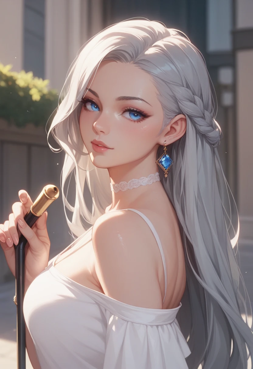 Gray Hair、blue eyes、Cane、 woman、 long hair