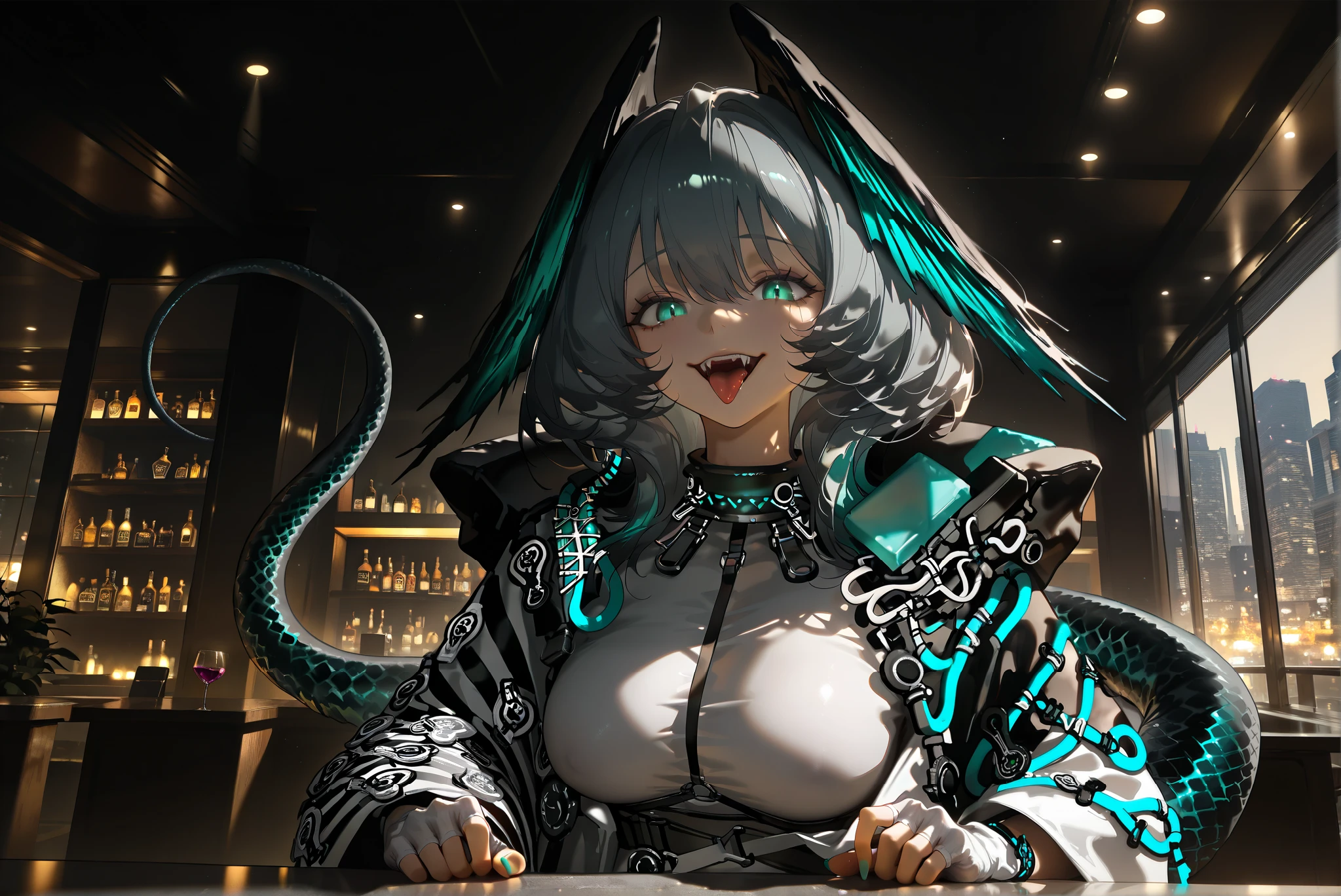 female,(((alone)))((Hoolheyak)),((Hoolheyak_\(arknights\))), Hoolheyak_\(arknights\), ,open mouth, Alone, tongue, fingerless gloves, hood, tongue out, smile, grey hair, portrait, aqua eyes, hair between eyes, looking at viewer, i fangs, ,,Photorealistic Background,Bar counter, is sitting, best quality, amazing quality, very aesthetic, , (masterpiece, best quality, hires:1.1),(detailed background),(Hard Light, Cinematic , Hard shadows, ambient occlussion:1.1), (illustration:1.1), (perfect details:1.1), (( Big City Streetscapes)) (neon )(wine)(Night bar)(8 K, wallpaper,masterpiece,a high resolution,top-quality,top-quality real texture skin,hyperrealistic, increase resolution,RаW photos,,very detailed,wallpaper,Cinematic lighting,Ray tracing,Golden ratio\),Dynamic angle,