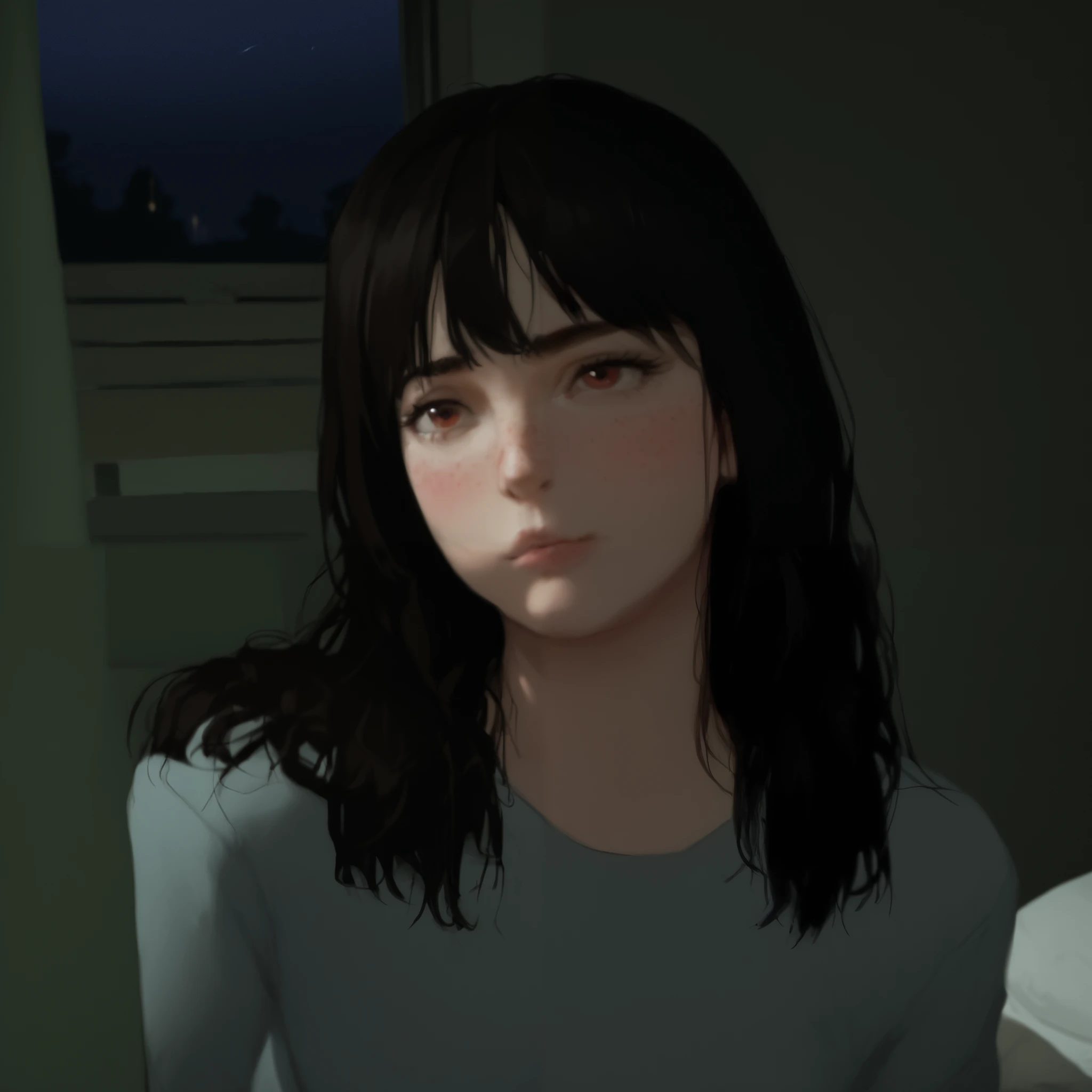 a close up of a person sitting in a bed, ellie (last of us), portrait of max caulfield, supermodel in silent hill, hyperrealistic , she has black hair with bangs, rings asuka iwakura station game, only a few bangs of hair, inspired by Ayami Kojima, yayoi kasuma, with a stoic expression, pale red eyes, wavy hair, (pale skin, huge tits)