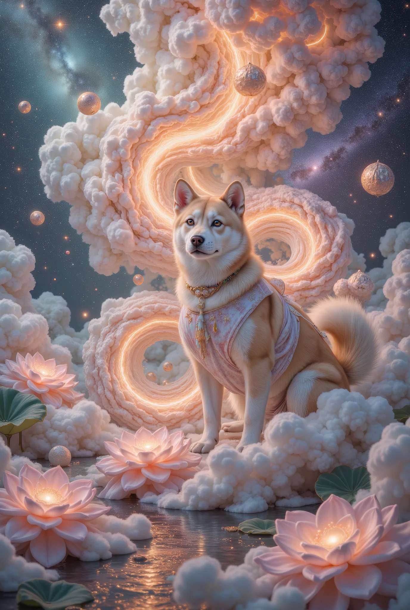 32K original photo , Quality Best , wearing a light orange mini summer dress . dynamic angle,aurora, constellation,new moon,Earth \(Planet\),Full Moon,galaxy,Light Particles,Milky Way,night,night Sky,Planet,meteor,Sky,space,Starry sky background,starry Sky, wonderland,cloud, Dunhuang art style illustration ,The nine-color Shiba Inu is surrounded by the auspicious cloud,magnificent ,( Siamese cat shining with stars :1.36) Standing in a lotus pond , Very fine brushstrokes , Soft and smooth , Chinese red and indigo , gold background ,The rainbow glides on the cloud