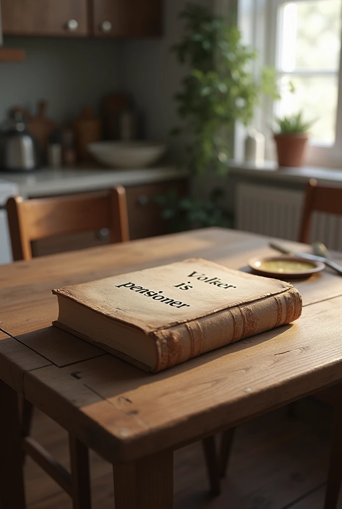 smiling person reading a complete green book with no words in the cover in a green kitchen