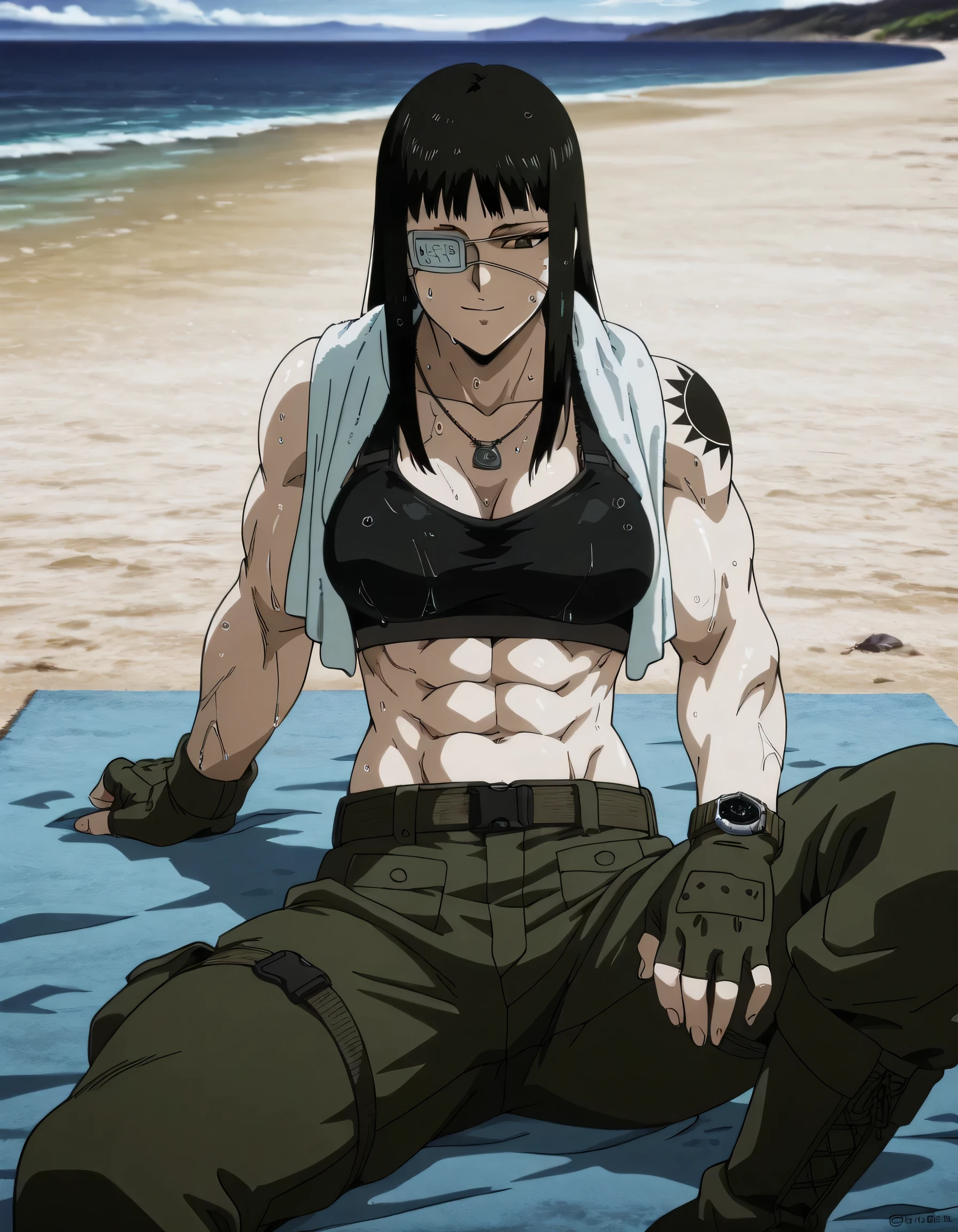 1girl,solo,mm,mature female,black hair,eyepatch,brown eyes,medium breasts,anime coloring,long hair,
muscular,black tight sport bra and green trousers with belt,cowboy shot, , wet,beach, tattoo,
,masterpiece,best quality,amazing quality,,muscles and,muscles lines,muscles big size,pelvis muscles,strength muscles looking,dynamic air,Valmet handsome face,Shining abs and shoulders,eight-pack,iron muscles,Bulge between legs indicates non erect penis in trousers, sporting attractiveness sexual attractiveness,sitting ,choza sitting ,sexual muscles,light smile,leg laying,hand in own leg, Valmet tall body,towel around her neck,sexual clothes,ring wearing,wearing military black boots,in night Belts and pockets in trousers,wristwatch,Tactical gloves fingerless,military chains necklace