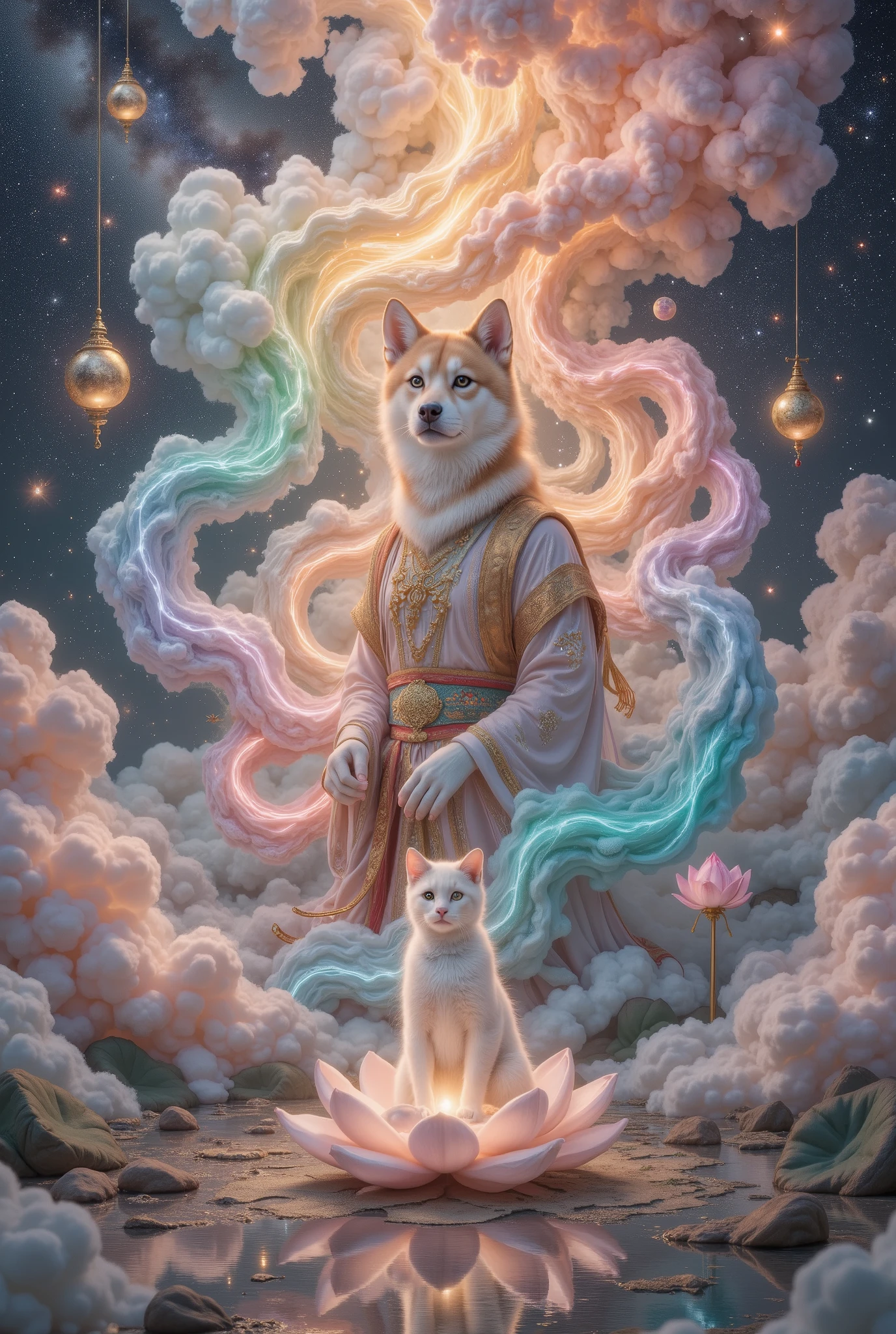 32K original photo , Quality Best , wearing a light orange mini summer dress . dynamic angle,aurora, constellation,new moon,Earth \(Planet\),Full Moon,galaxy,Light Particles,Milky Way,night,night Sky,Planet,meteor,Sky,space,Starry sky background,starry Sky, wonderland,cloud, Dunhuang art style illustration ,The nine-color Shiba Inu is surrounded by the auspicious cloud,magnificent ,( Siamese cat shining with stars :1.36) Standing in a lotus pond , Very fine brushstrokes , Soft and smooth , Chinese red and indigo , gold background ,The rainbow glides on the cloud